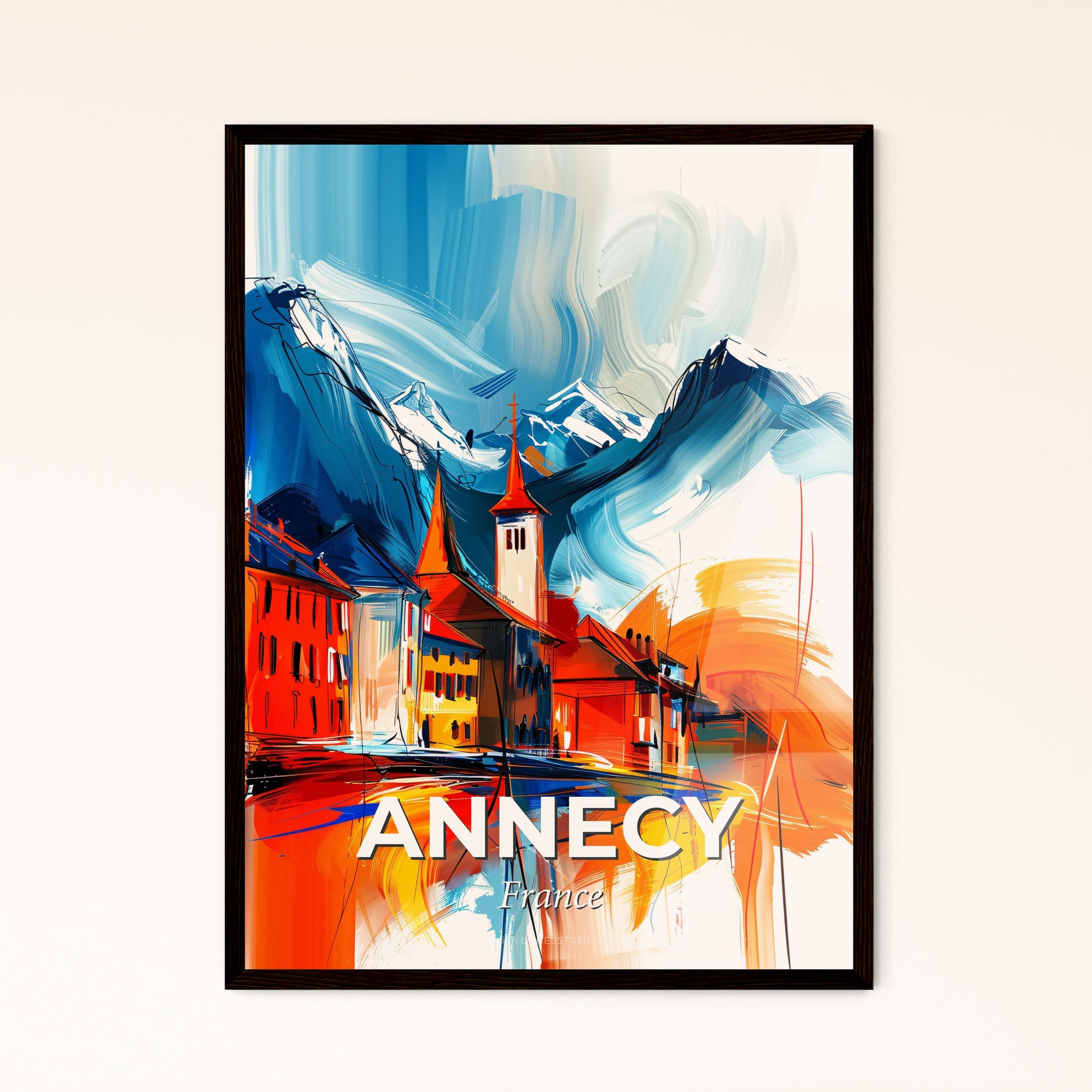 Vibrant Annecy, France - A Painting Of A Building And Mountains