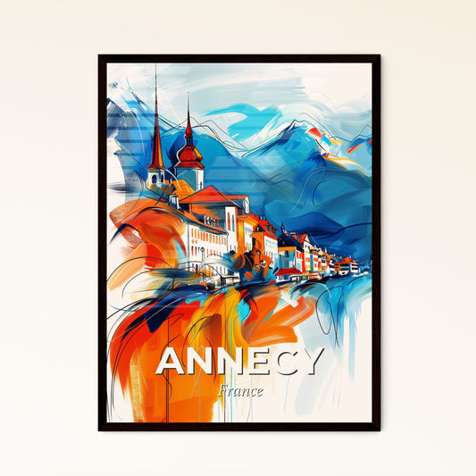 Vibrant Annecy, France - A Painting Of A Town With Mountains In The Background