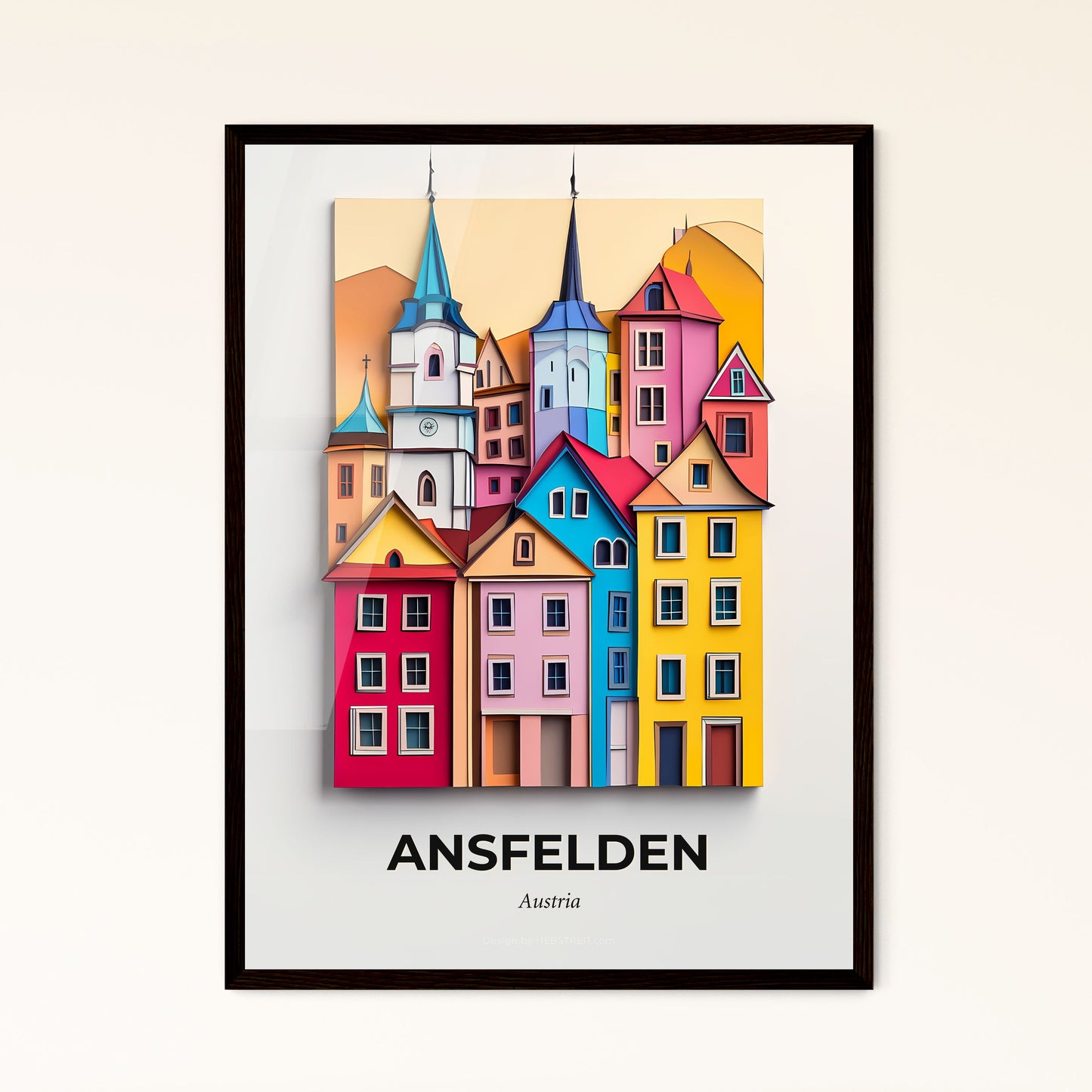 Vivid Ansfelden, Austria - a painting of a city with a clock on the top