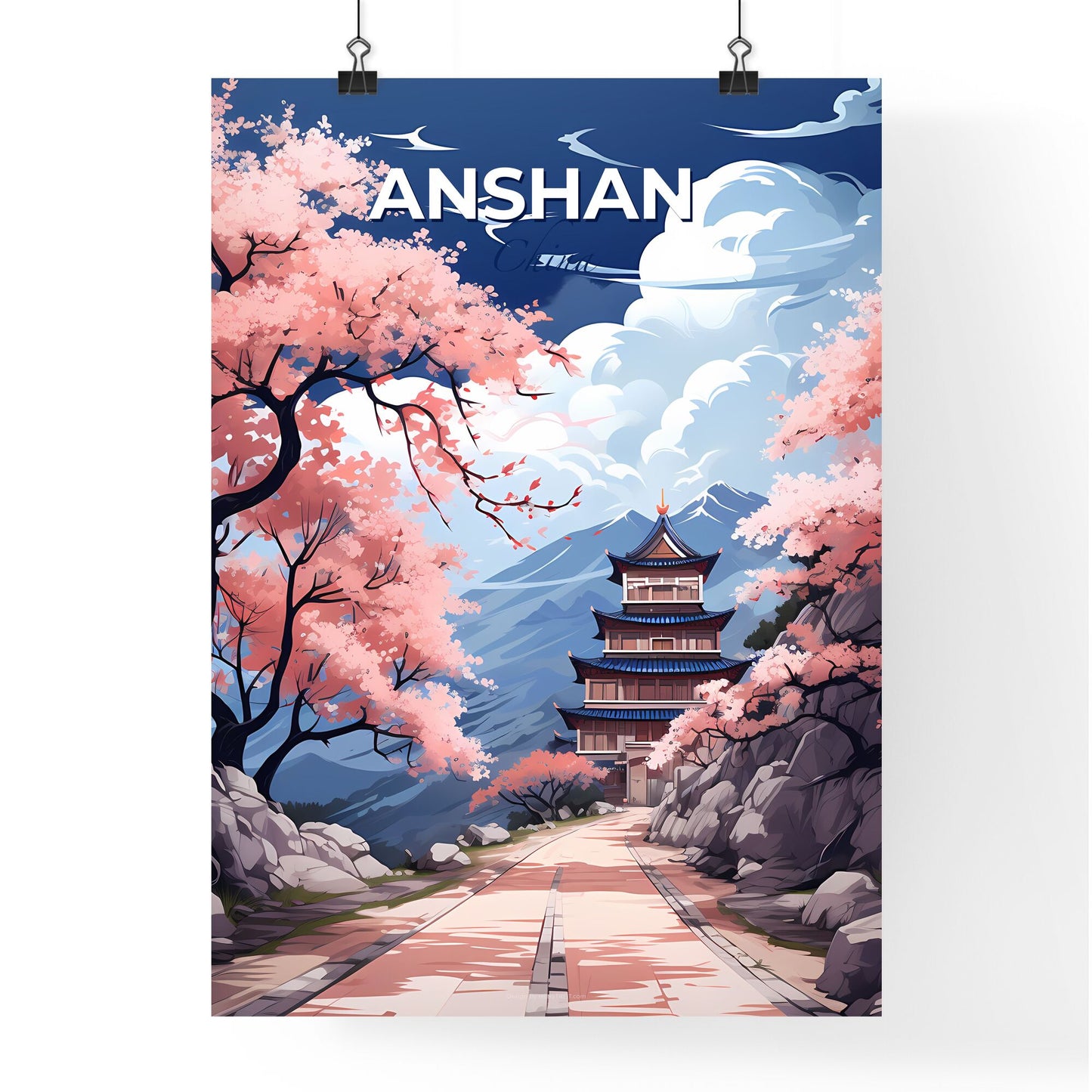 Vibrant Chinese Pagoda and Pink Sakura Tree Skyline Art Painting, Anshan China Default Title