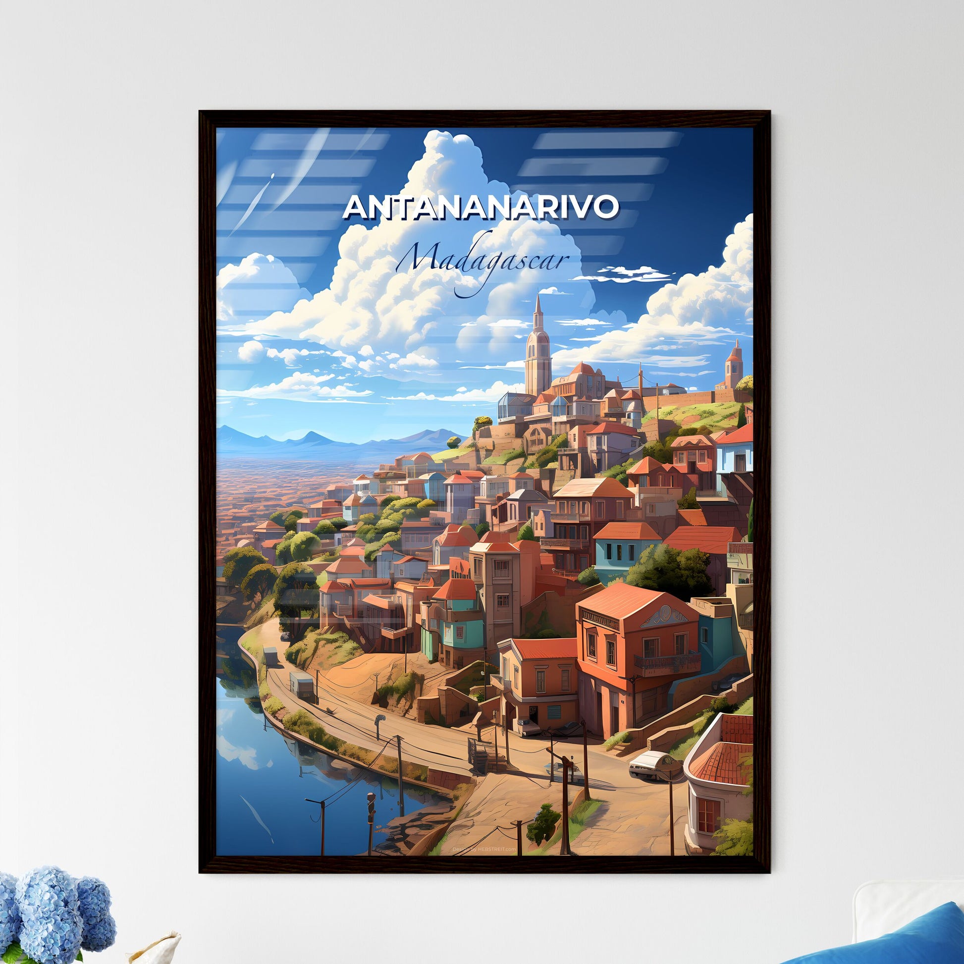 Vibrant Painted Skyline of Antananarivo Madagascar City on a Hill with Blue Sky and River Default Title