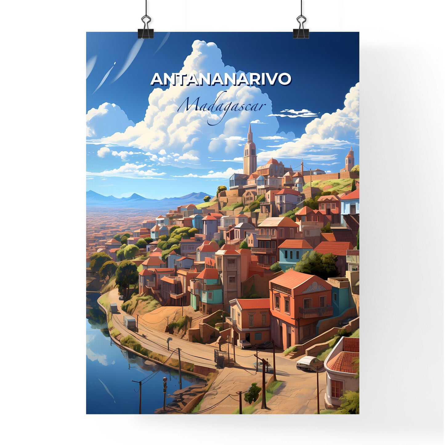 Vibrant Painted Skyline of Antananarivo Madagascar City on a Hill with Blue Sky and River Default Title