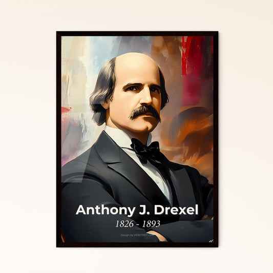 Portrait of Anthony J. Drexel, 1826 - 1893. Impressionistic painting of a man in a suit with his arms crossed.