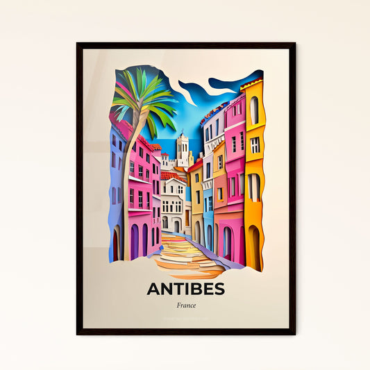 Vivid Antibes, France - a painting of a city street with a palm tree