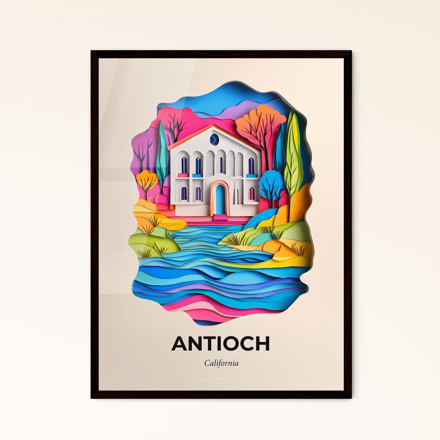 Vivid Antioch, California - a paper cut of a church in a colorful landscape