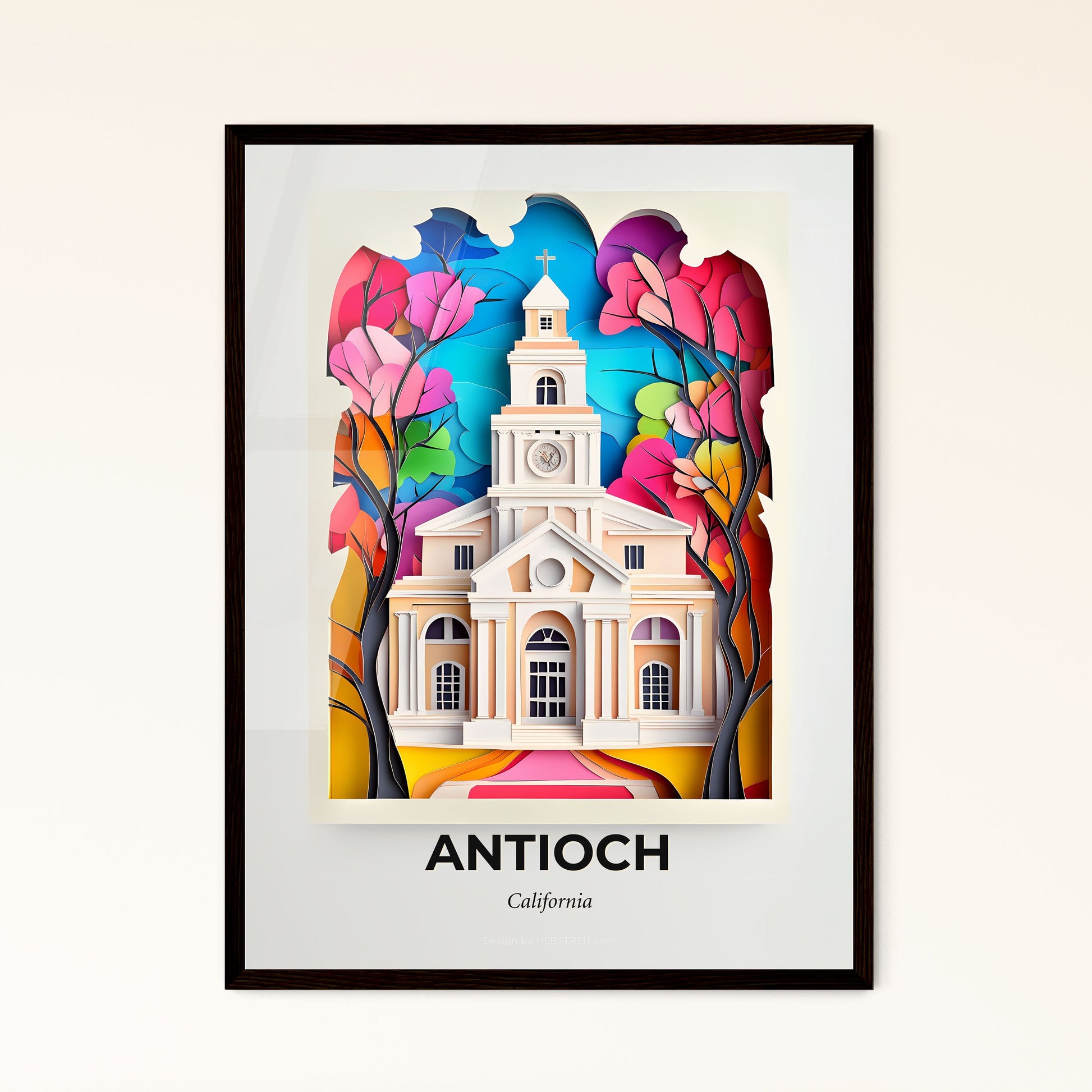 Vivid Antioch, California - a church with a clock tower in a colorful landscape