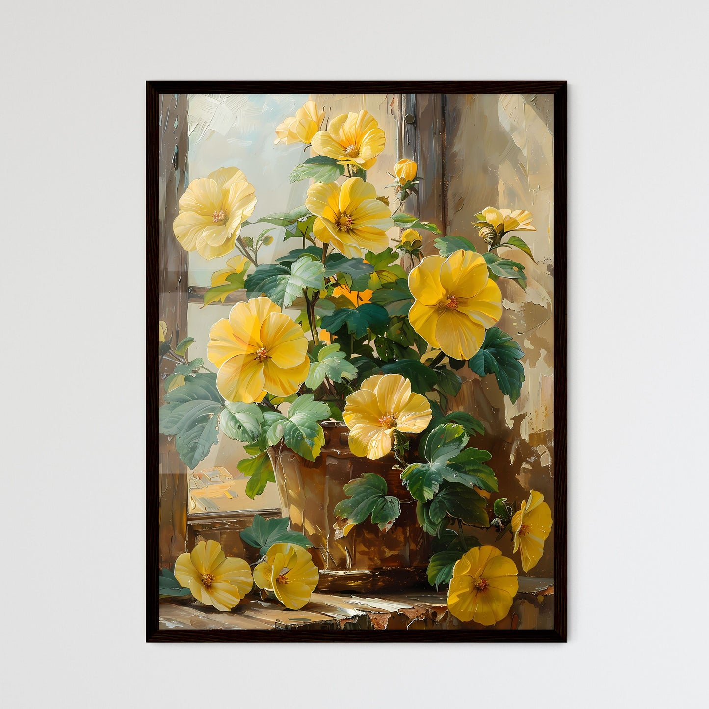 Bohemian Antique Oil Painting Yellow Flower  - Framed Art Print