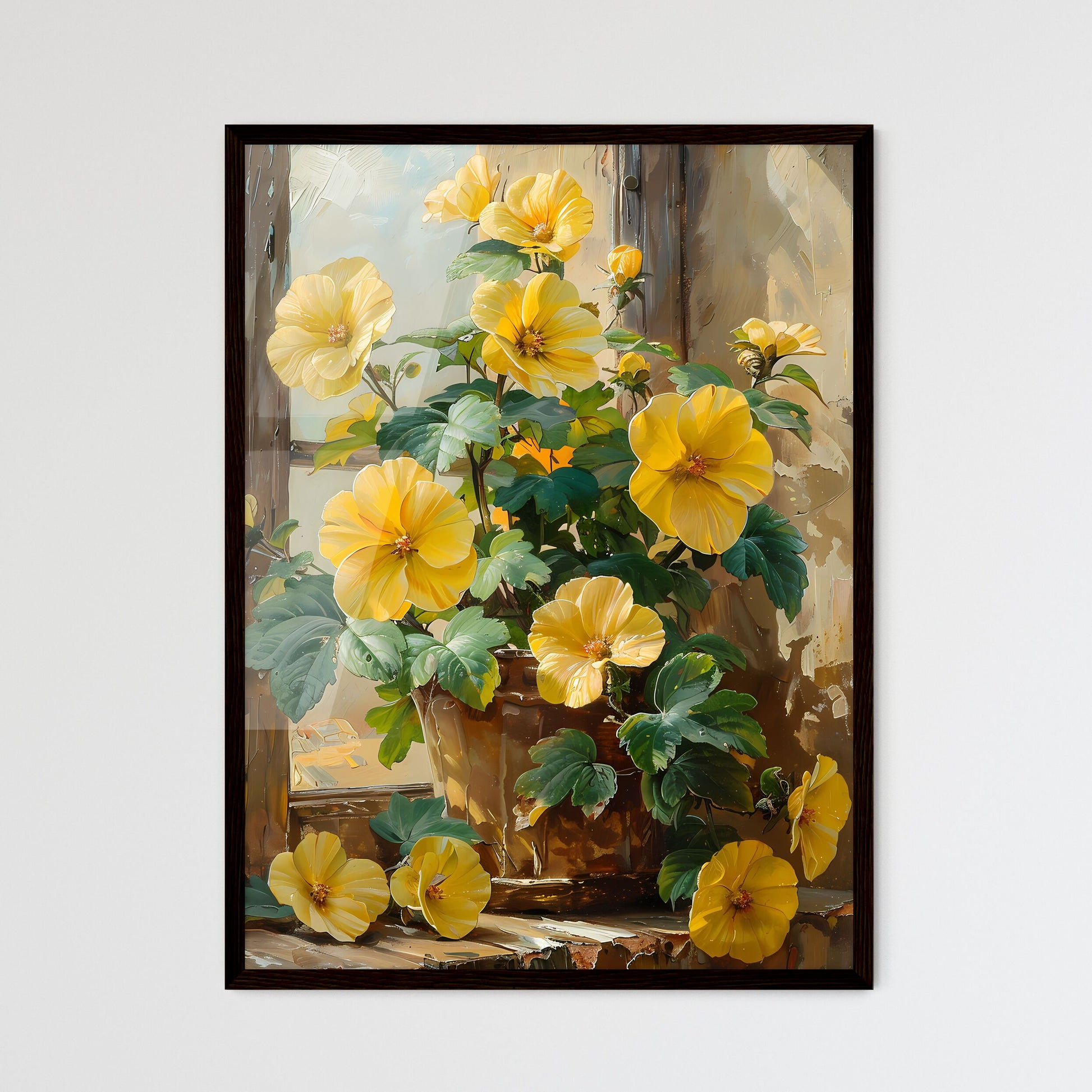 Bohemian Antique Oil Painting Yellow Flower  - Framed Art Print