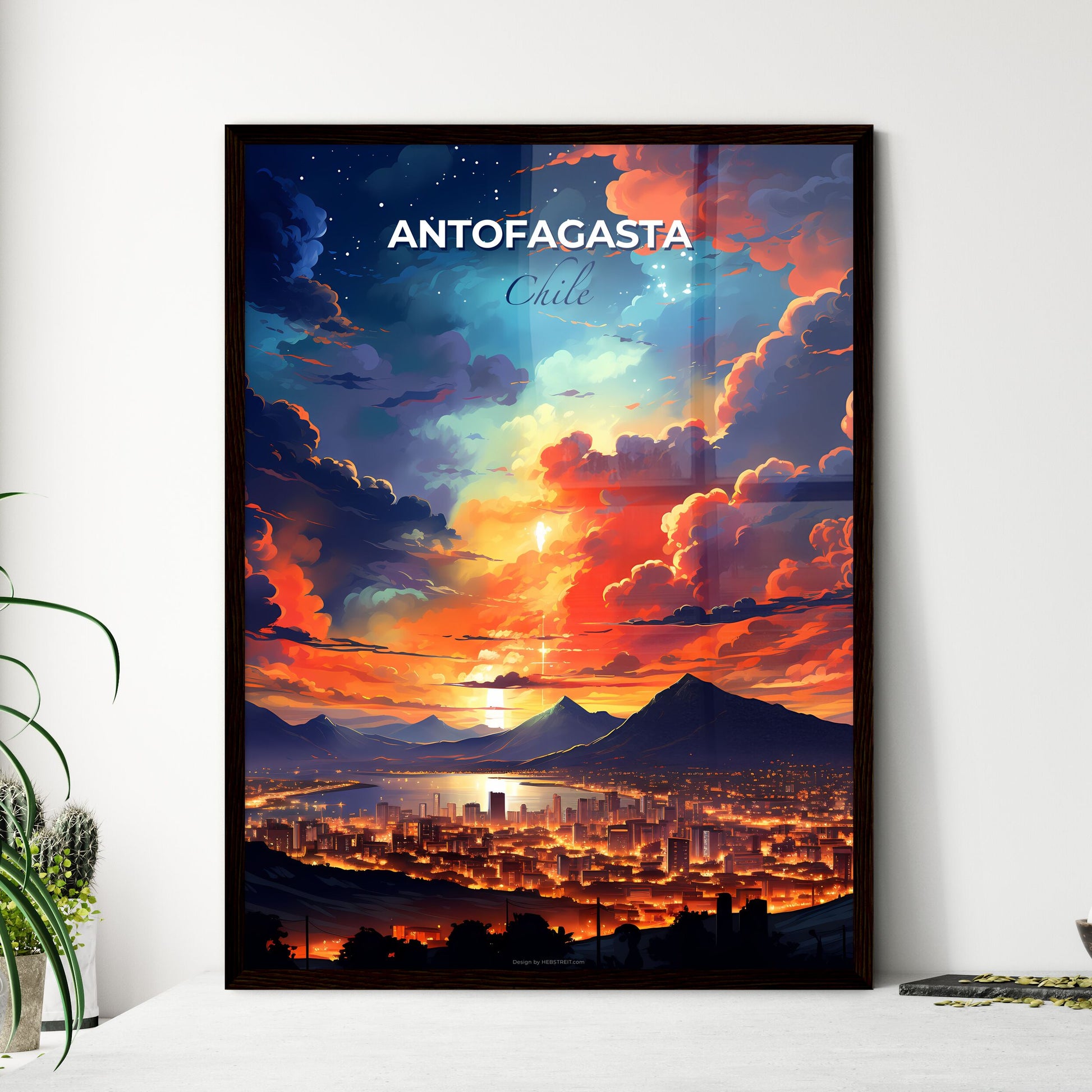 Vibrant Cityscape Painting of Antofagasta Skyline with Mountains and Clouds Default Title