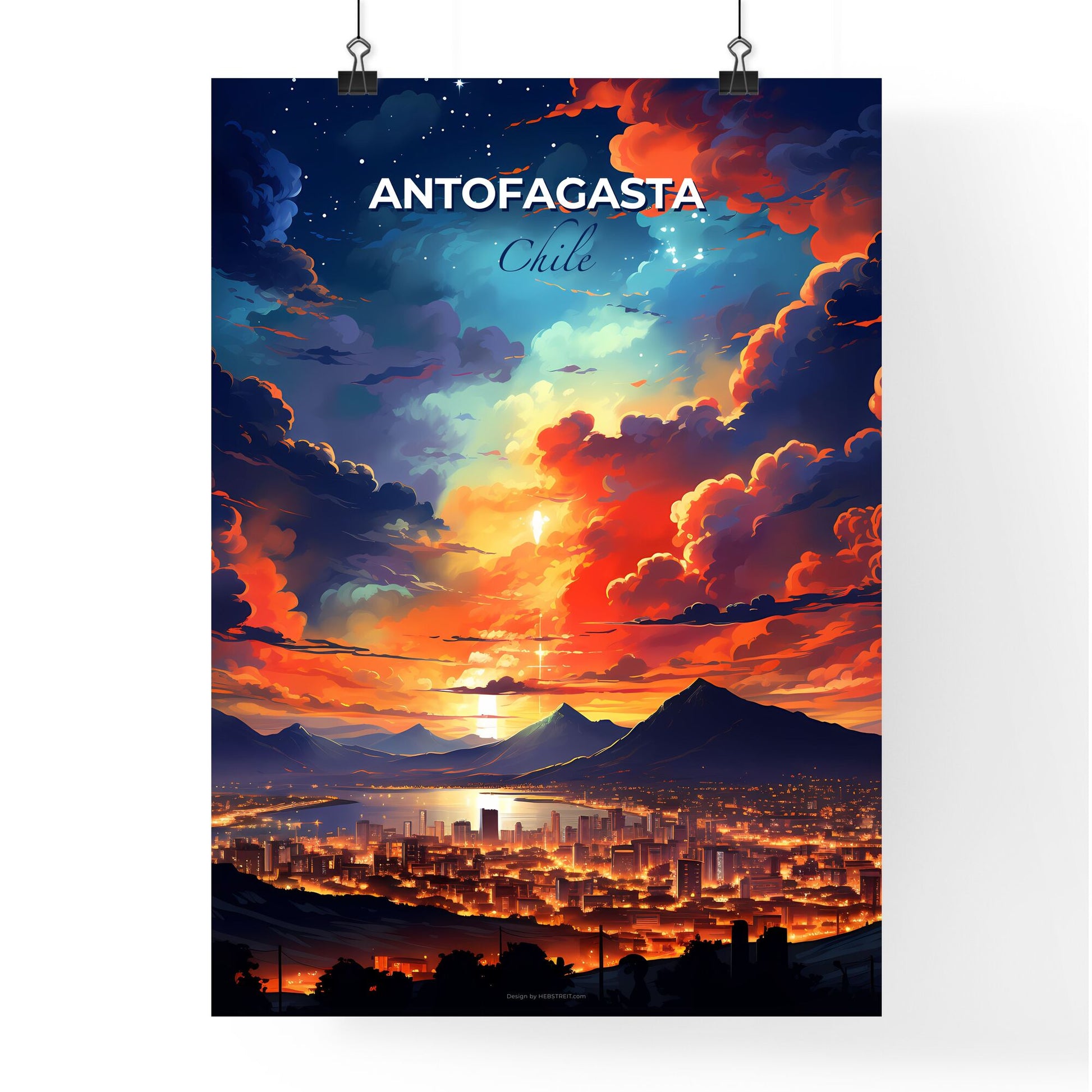 Vibrant Cityscape Painting of Antofagasta Skyline with Mountains and Clouds Default Title