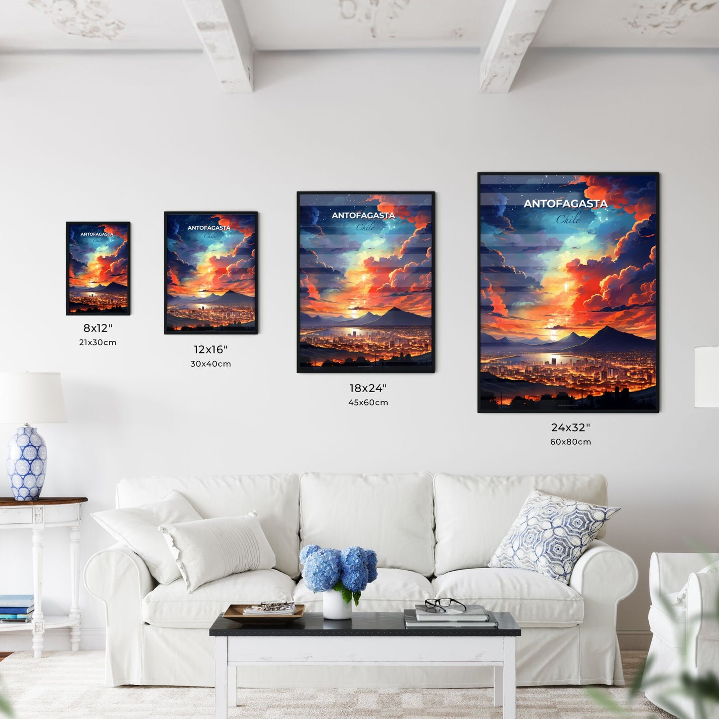 Vibrant Cityscape Painting of Antofagasta Skyline with Mountains and Clouds Default Title