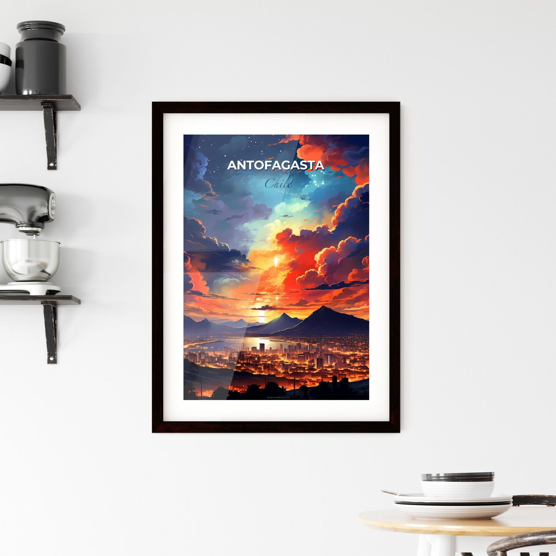 Vibrant Cityscape Painting of Antofagasta Skyline with Mountains and Clouds Default Title