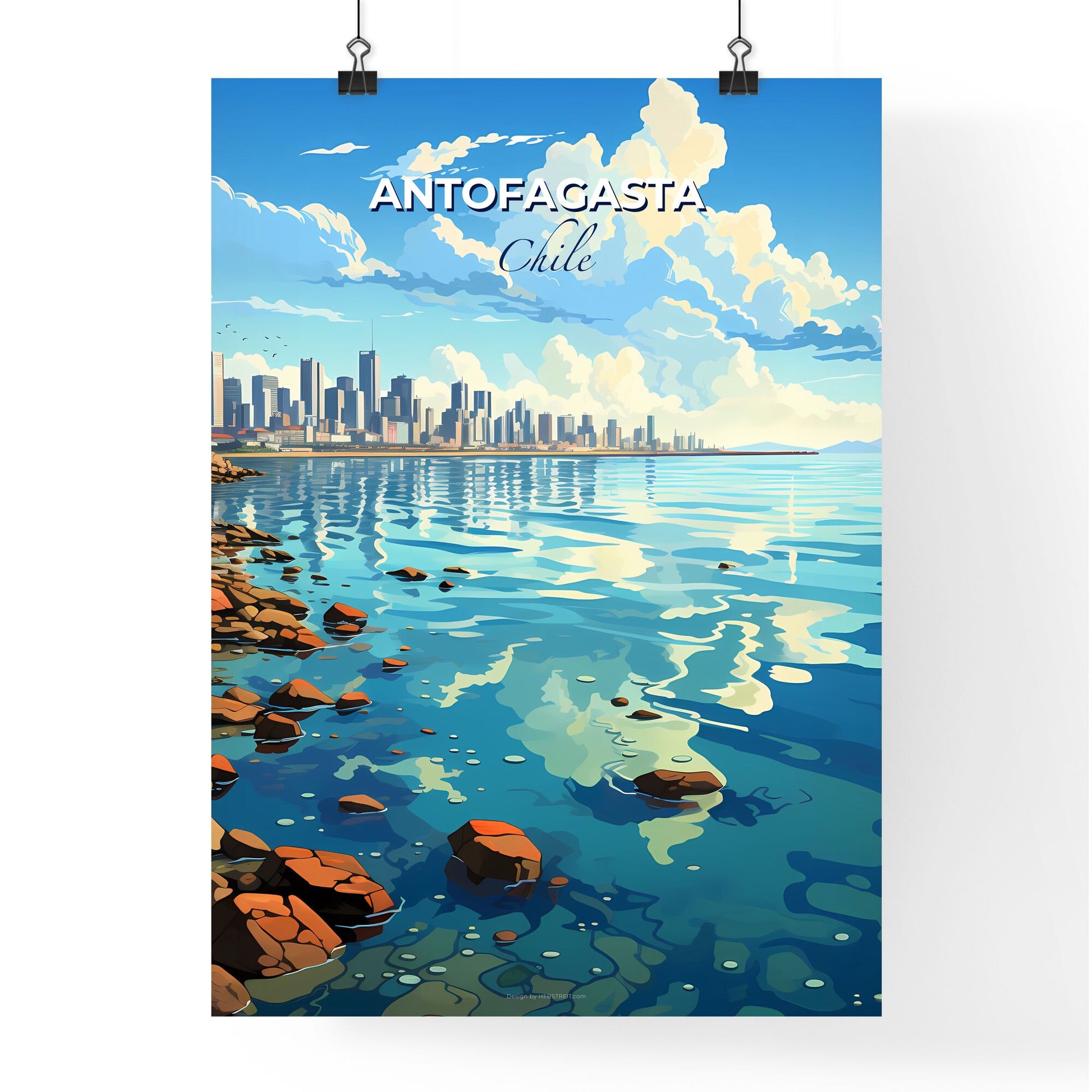 Vibrant Fine Art Painting of Antofagasta Chile Skyline Featuring Rocky Shore and City at Dawn Default Title