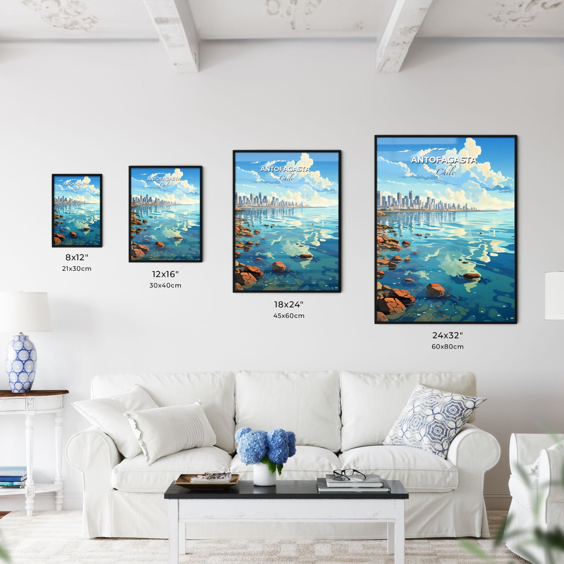 Vibrant Fine Art Painting of Antofagasta Chile Skyline Featuring Rocky Shore and City at Dawn Default Title