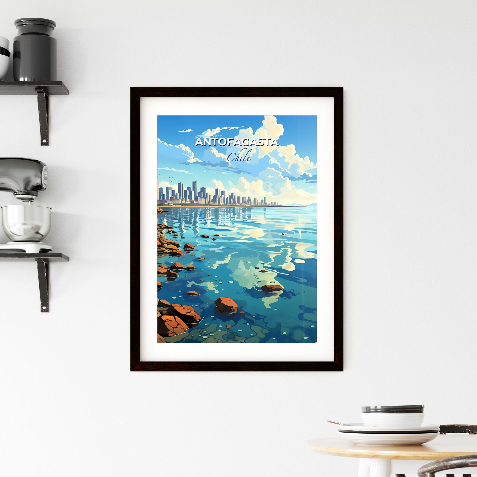 Vibrant Fine Art Painting of Antofagasta Chile Skyline Featuring Rocky Shore and City at Dawn Default Title