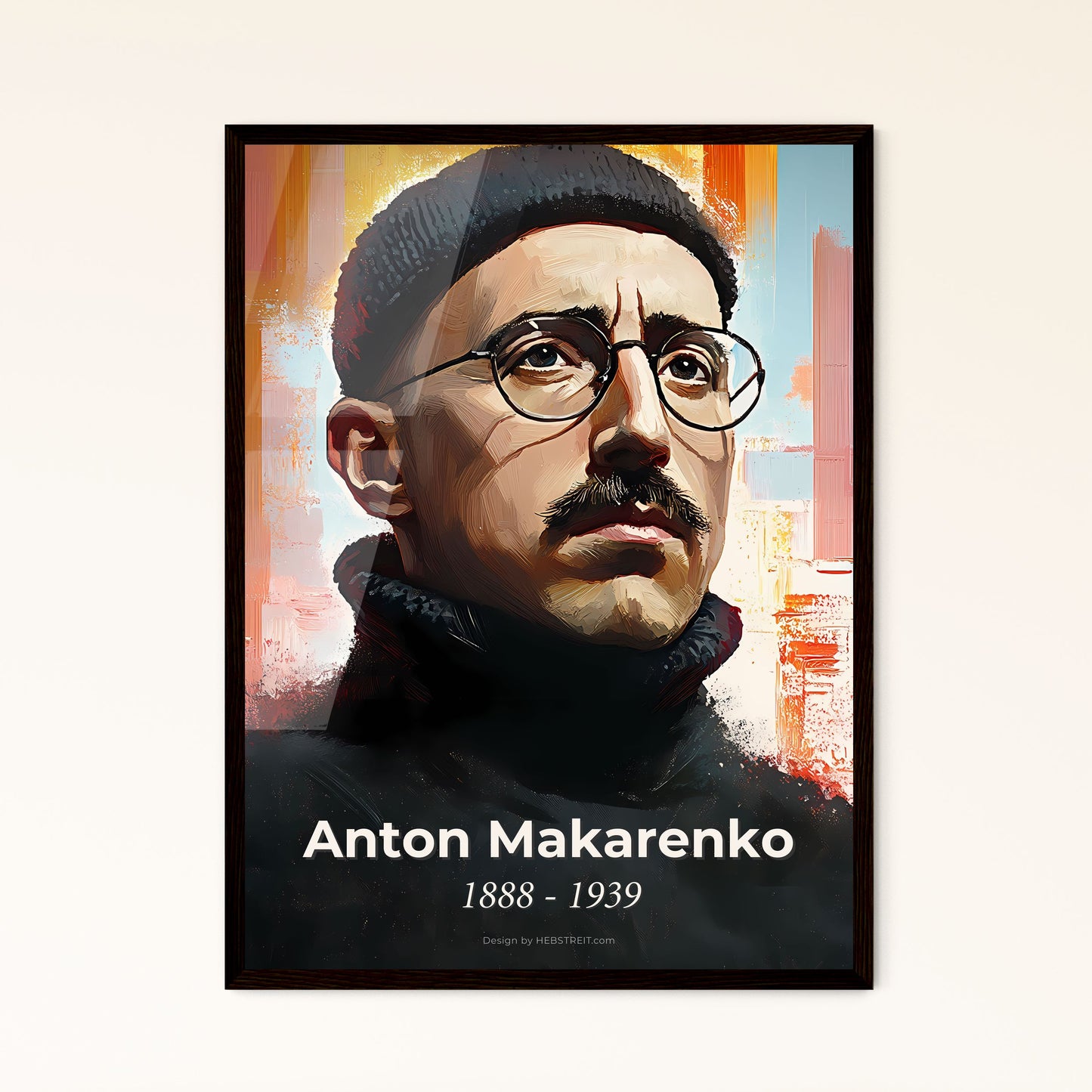 Portrait of Anton Makarenko, 1888 - 1939. Impressionistic painting of a man with a mustache wearing glasses and a beanie.