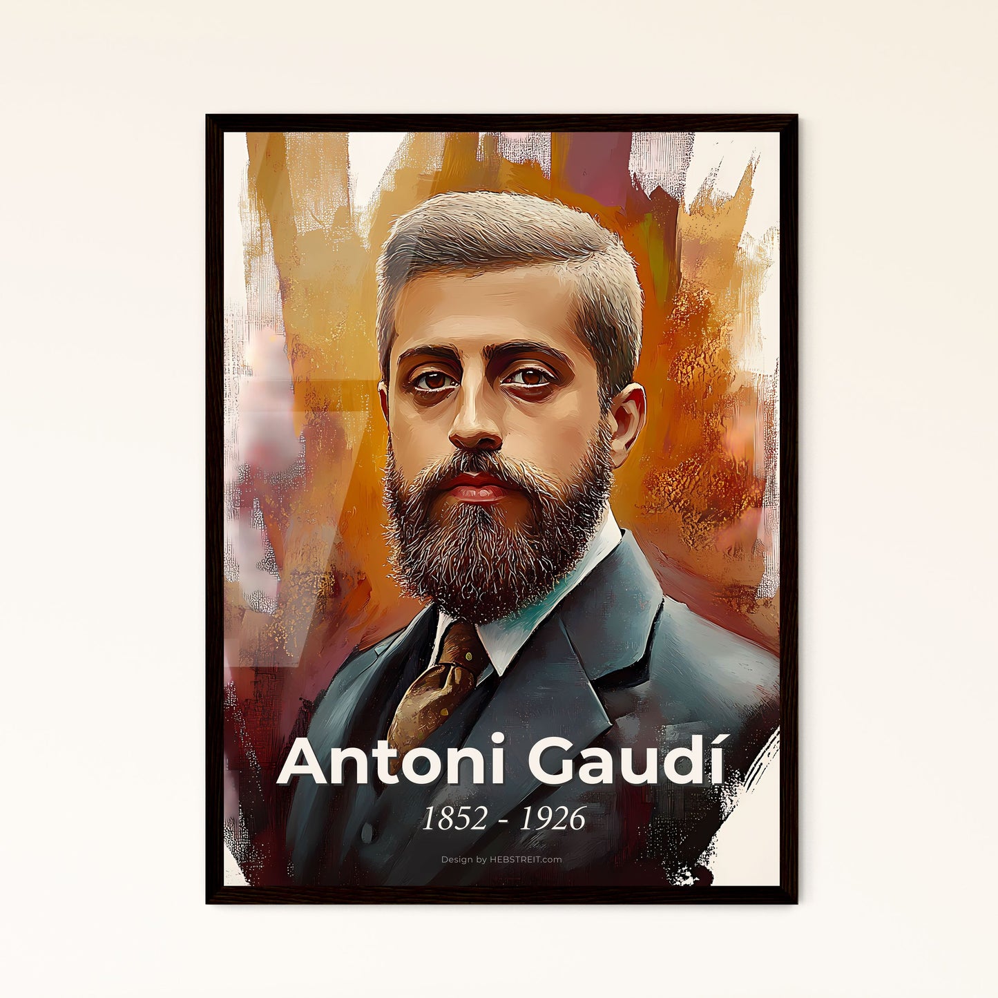 Portrait of Antoni Gaudí, 1852 - 1926. Impressionistic painting of a man with a beard.