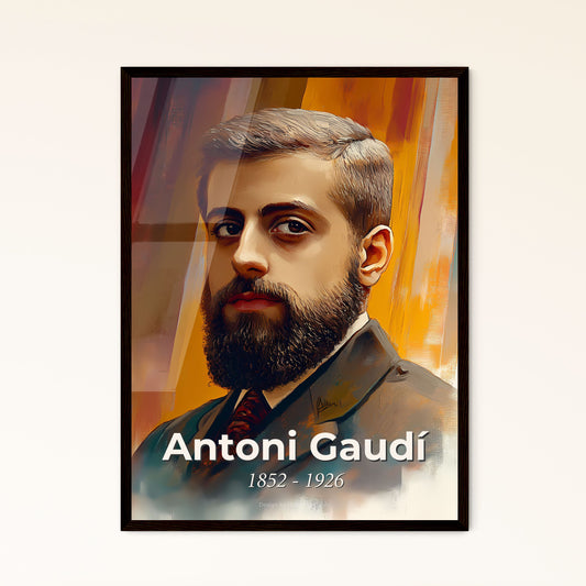 Portrait of Antoni Gaudí, 1852 - 1926. Impressionistic painting of a man with a beard.