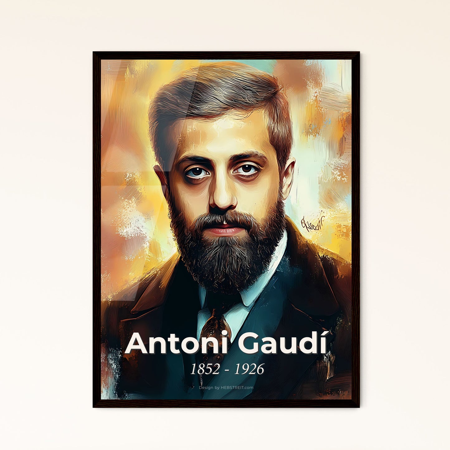 Portrait of Antoni Gaudí, 1852 - 1926. Impressionistic painting of a man with a beard.