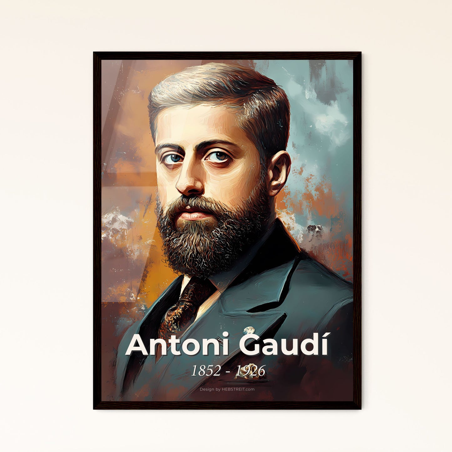 Portrait of Antoni Gaudí, 1852 - 1926. Impressionistic painting of a man with a beard.