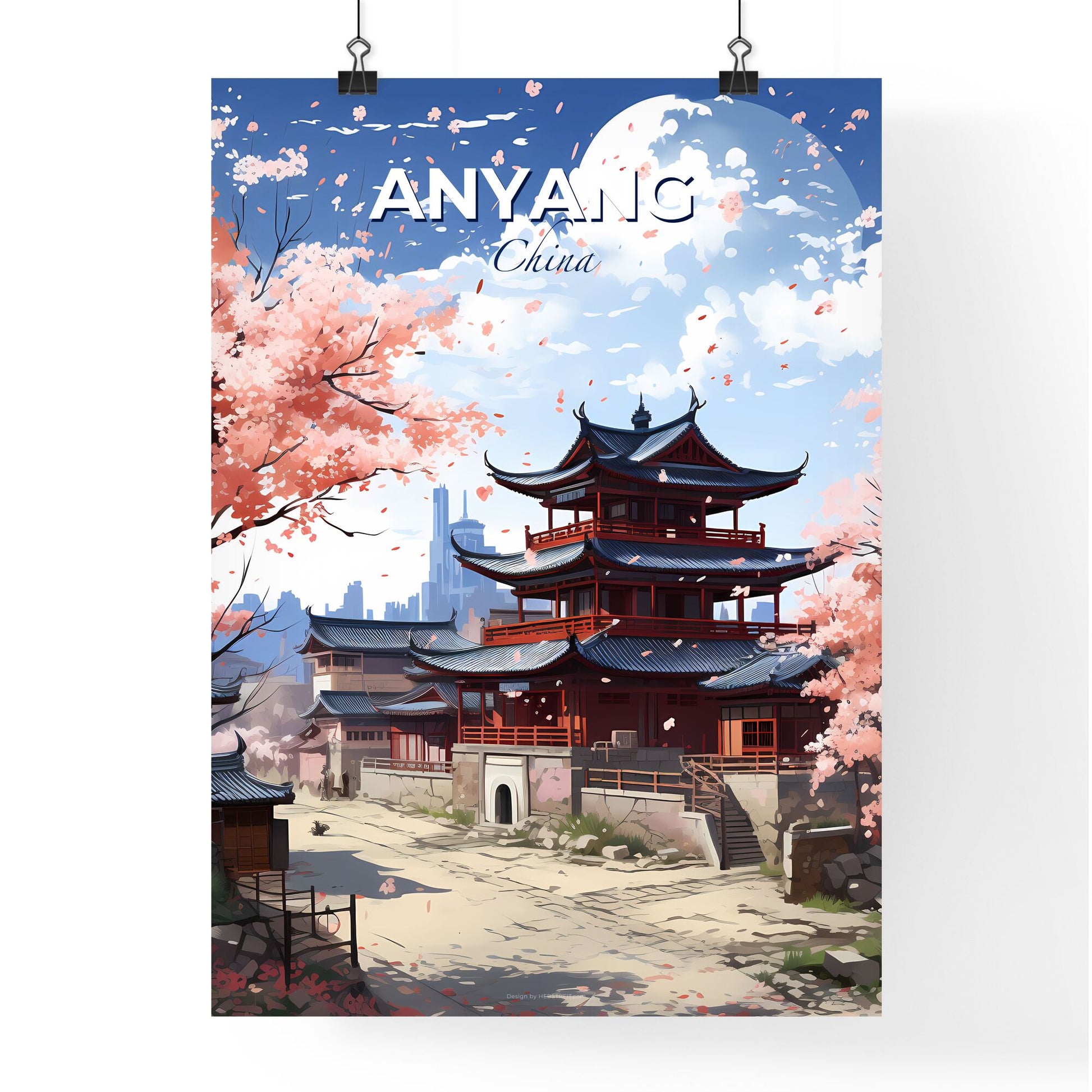 Anyang Cityscape Painting: Vibrant Tower Skyline with Trees and Art Focus Default Title