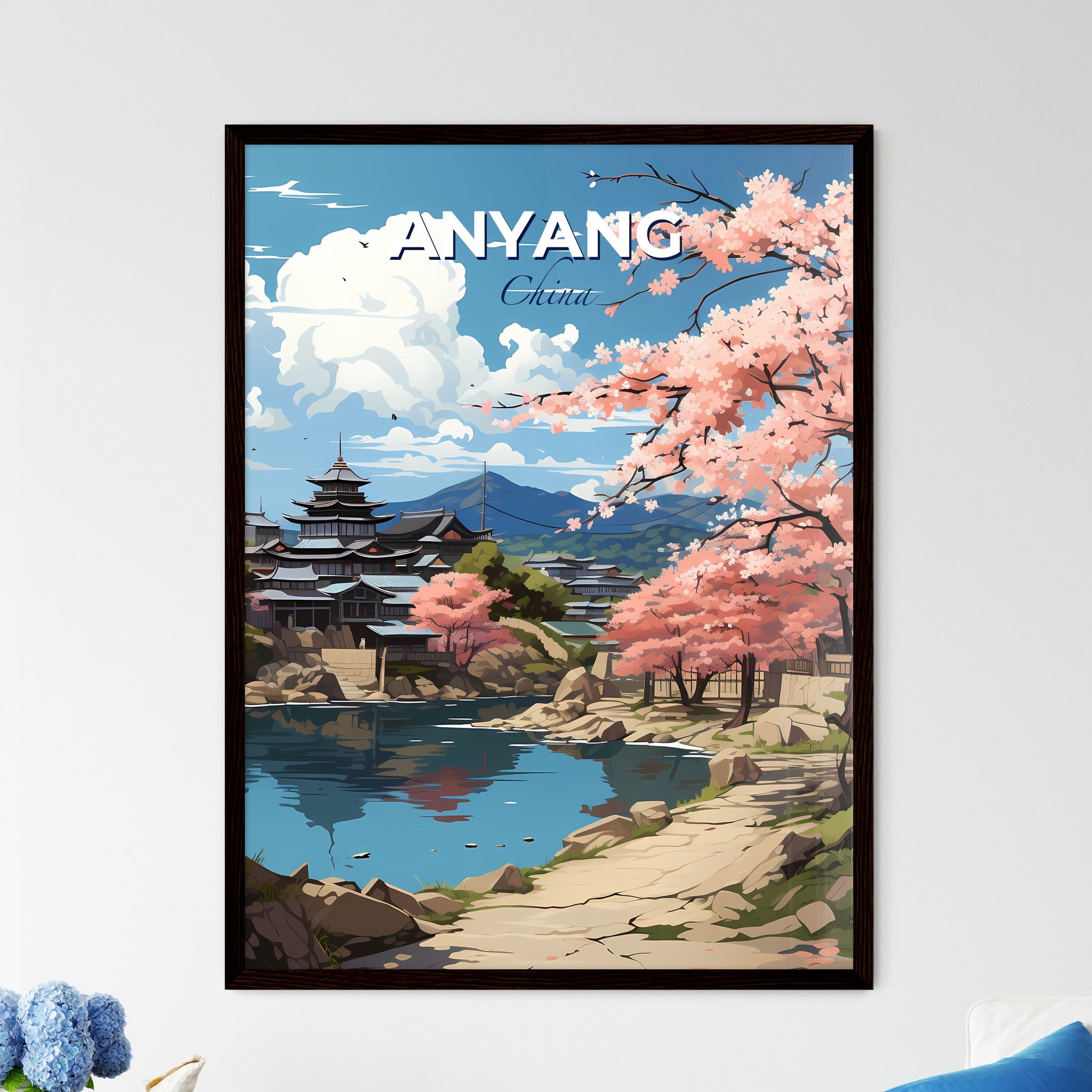 Artistic Landscape Painting of Anyang China Skyline with Lake, Building, and Trees Default Title