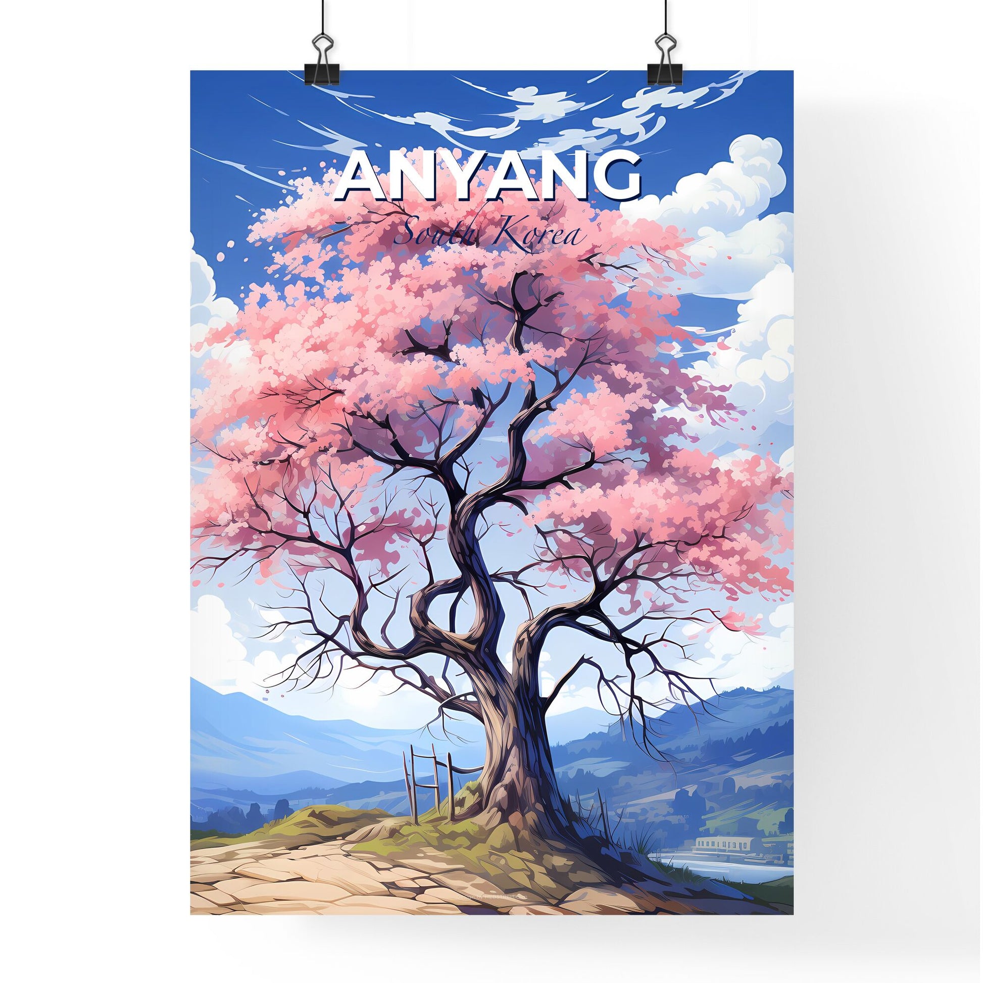 Vibrant Art Painting of Anyang South Korea Skyline Featuring Pink Flowering Tree Default Title