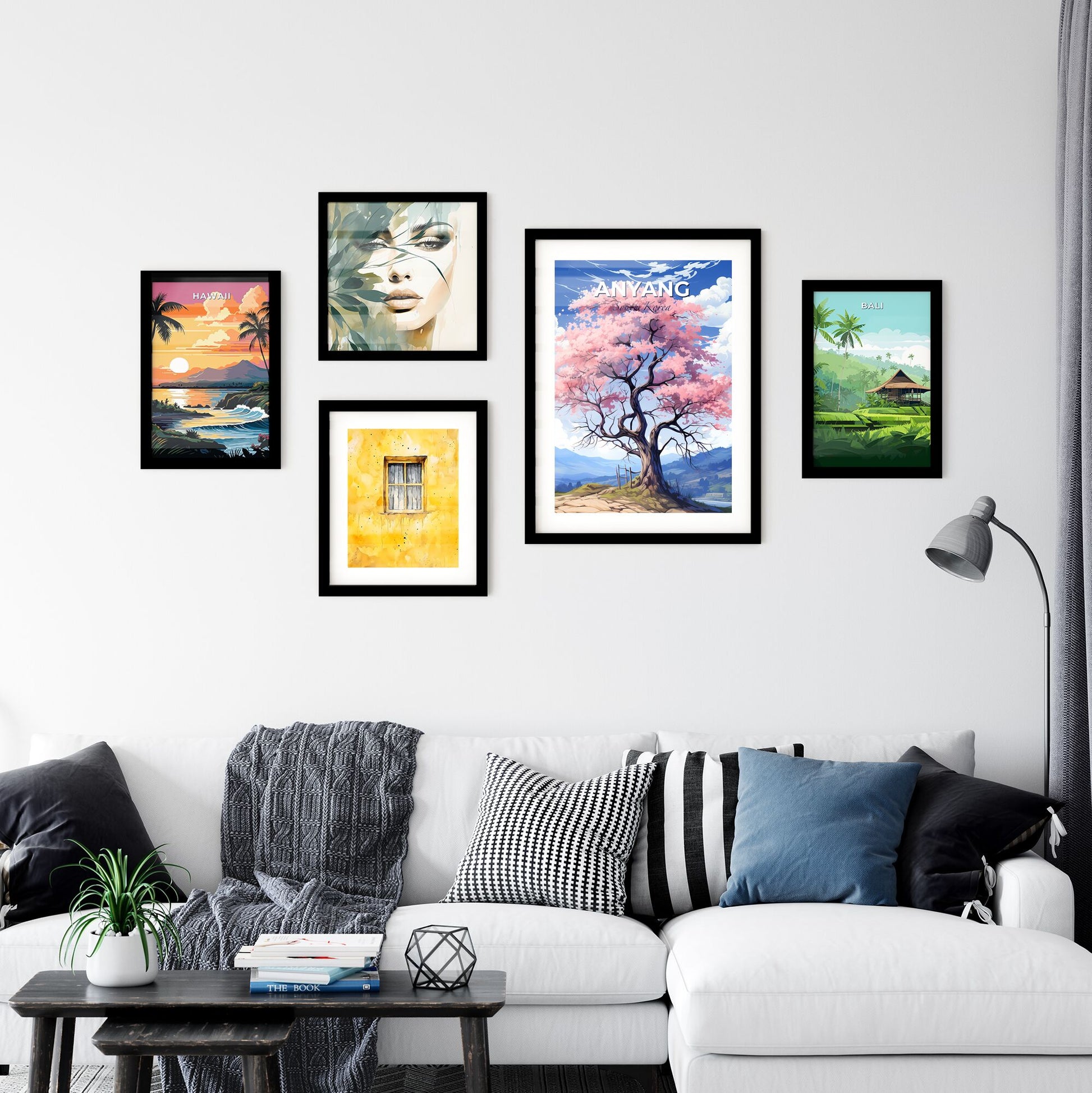 Vibrant Art Painting of Anyang South Korea Skyline Featuring Pink Flowering Tree Default Title
