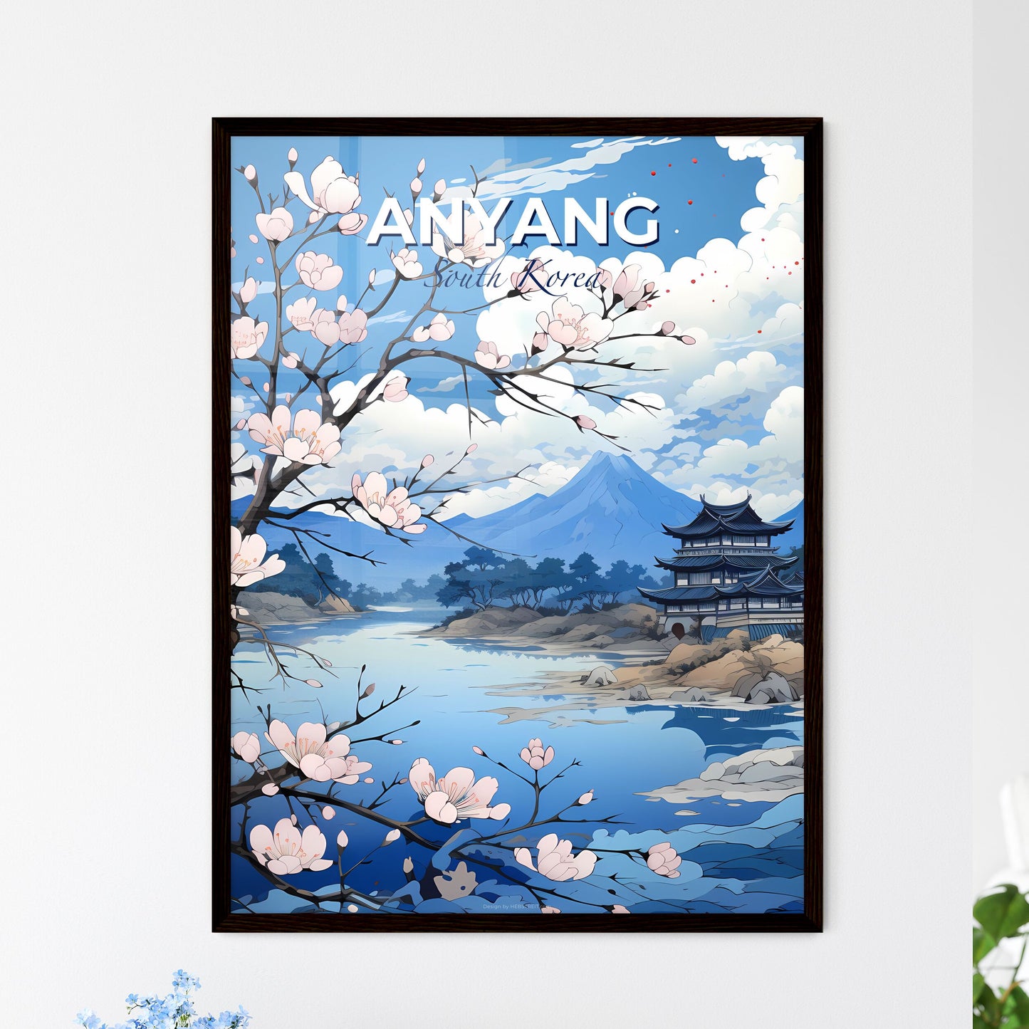 South Korea Anyang Vibrant City Skyline Digital Painting Art Lake Spring Cherry Blossoms Default Title