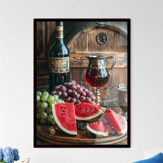 Enticing Fruit Art: Captivating Painting of Watermelon Slices and Grapes on Antique Table Default Title