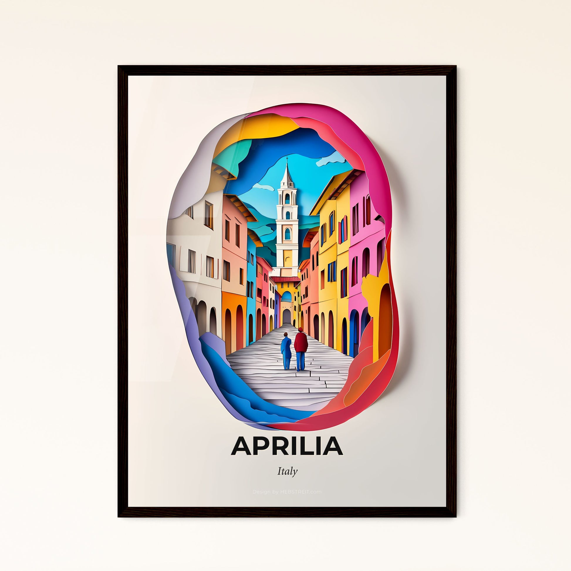 Vivid Aprilia, Italy - a couple walking down a street past a clock tower