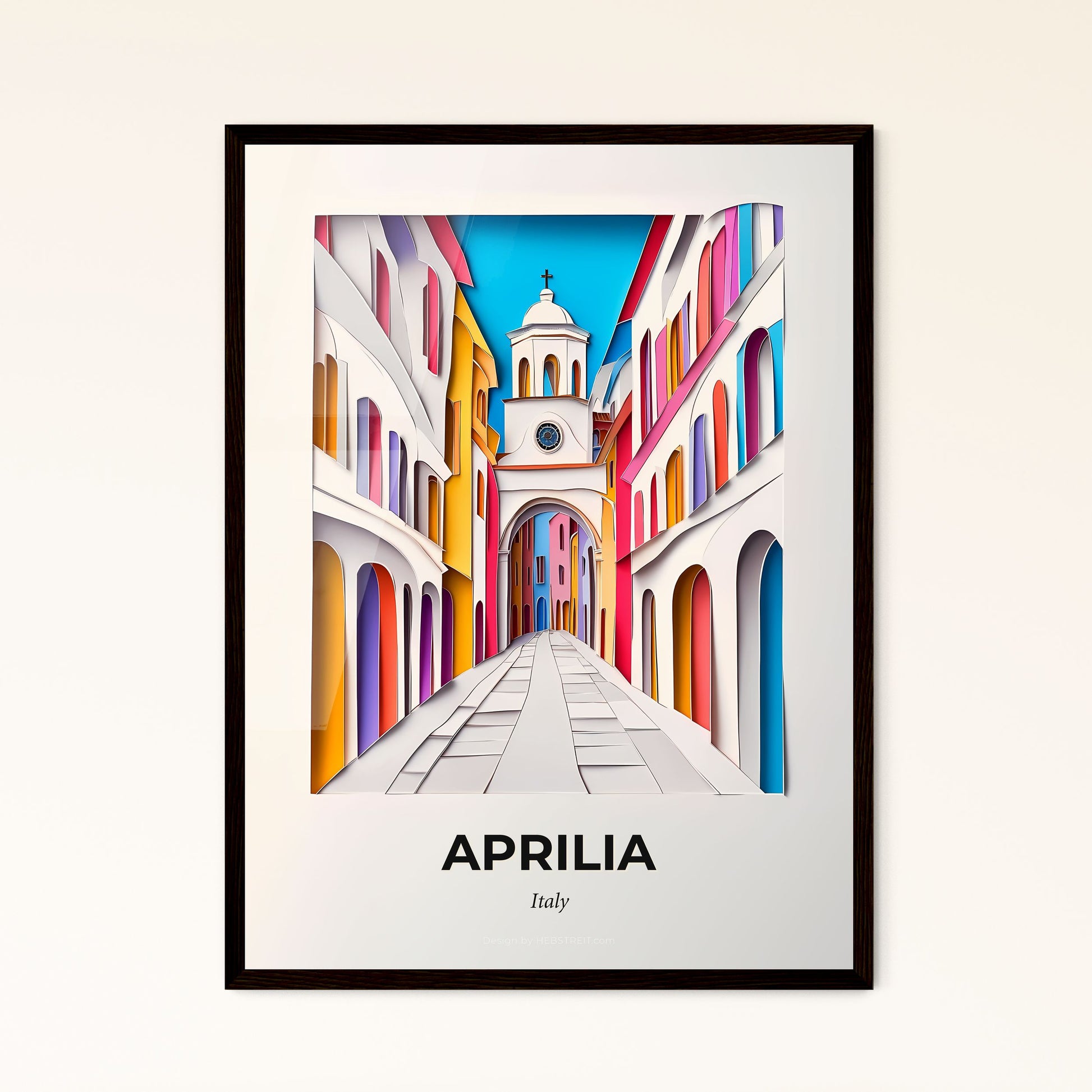 Vivid Aprilia, Italy - a painting of a street with a clock tower