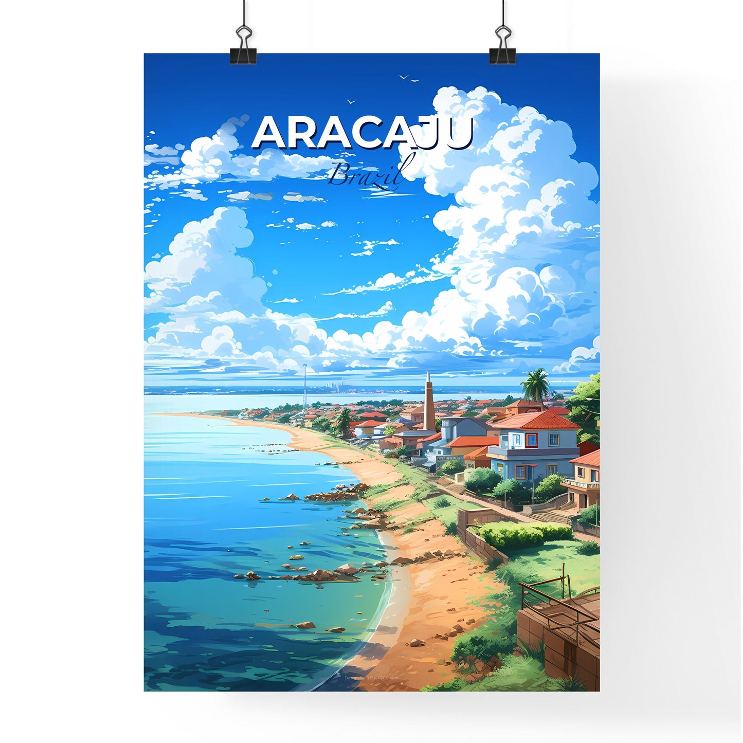 Vibrant Painting of Aracaju City Skyline with Beach Houses, Trees, and Ocean in Colorful Artistic Style Default Title