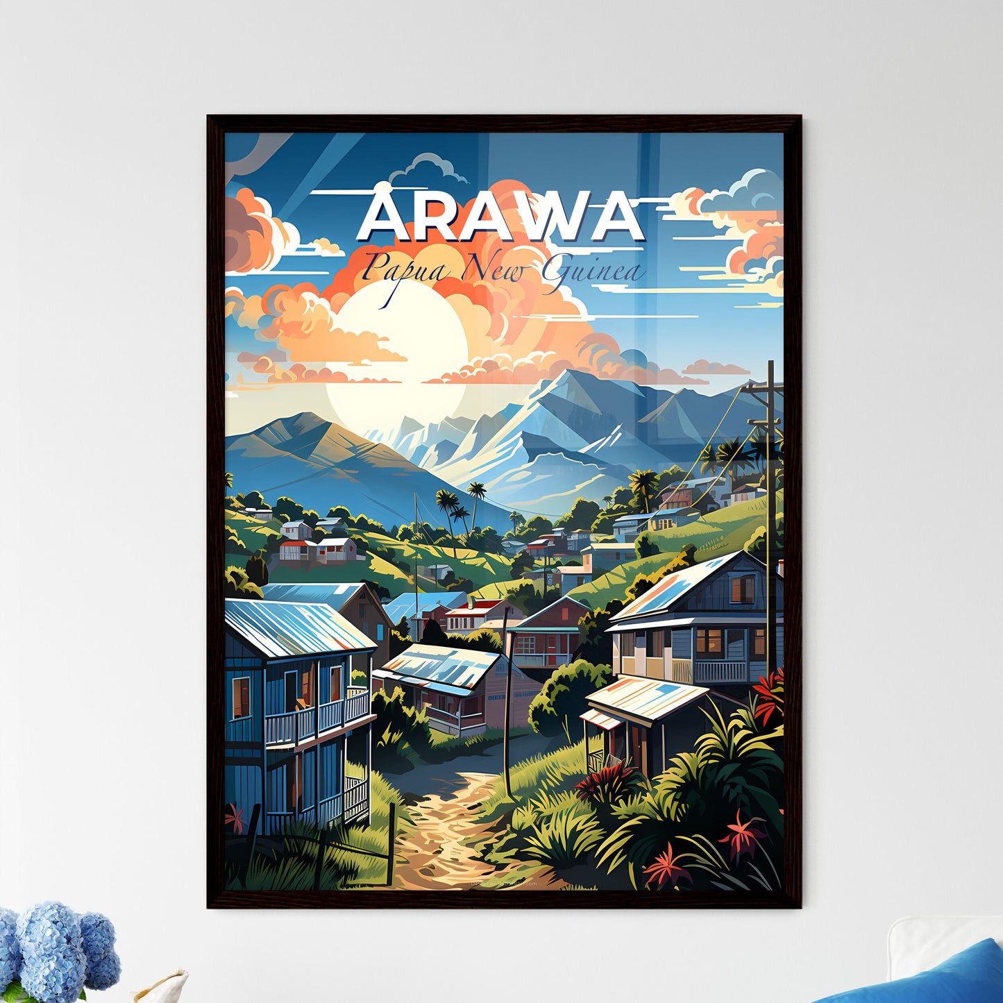 Vibrant Papua New Guinea Village Skyline Landscape Painting Default Title