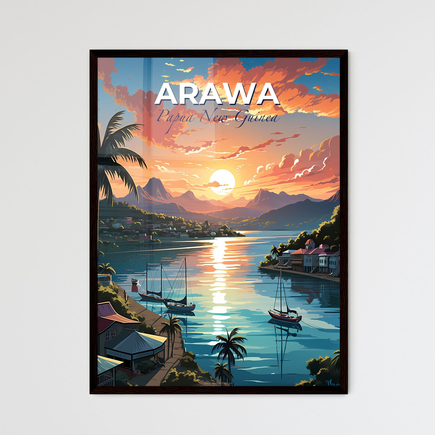 Colorful Arawa Papua New Guinea Painting Sunset Skyline Boats Palm Trees Art Default Title