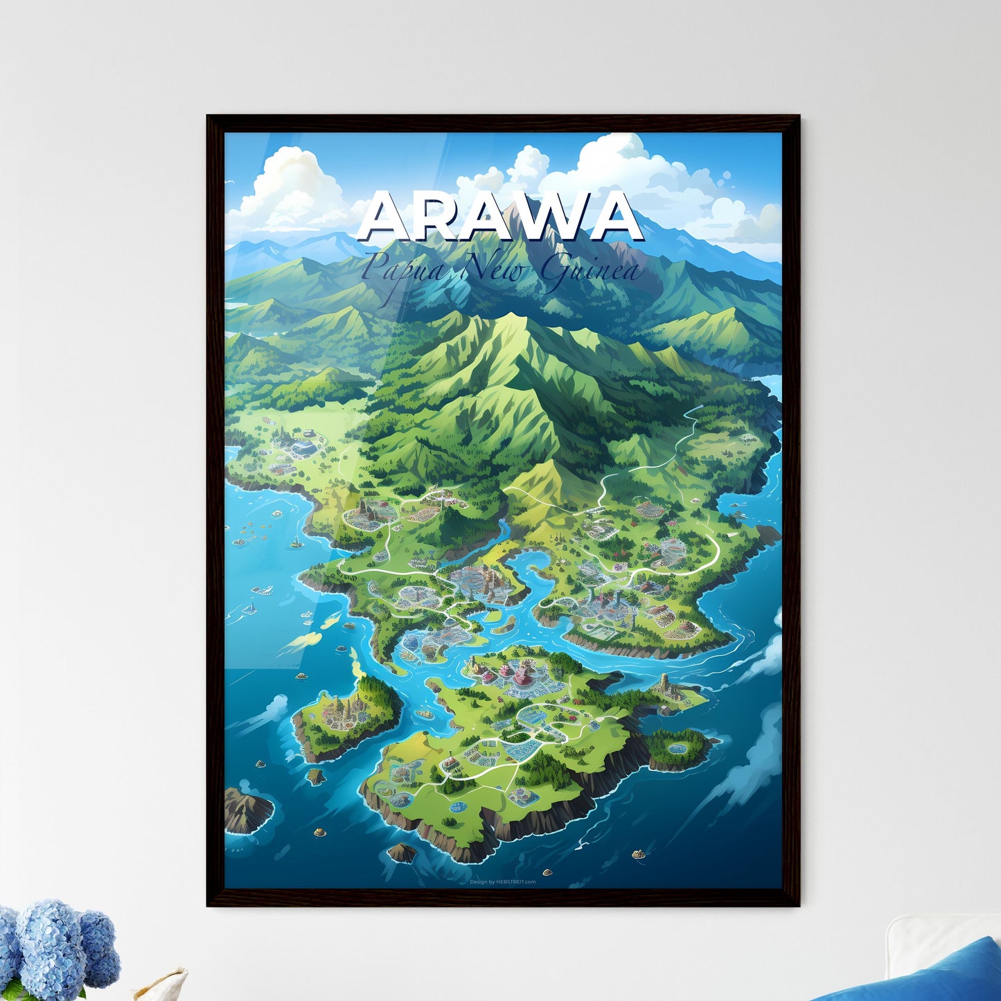 Vibrant Painting of Arawa Papua New Guinea Skyline with Mountains and Blue Sky Default Title