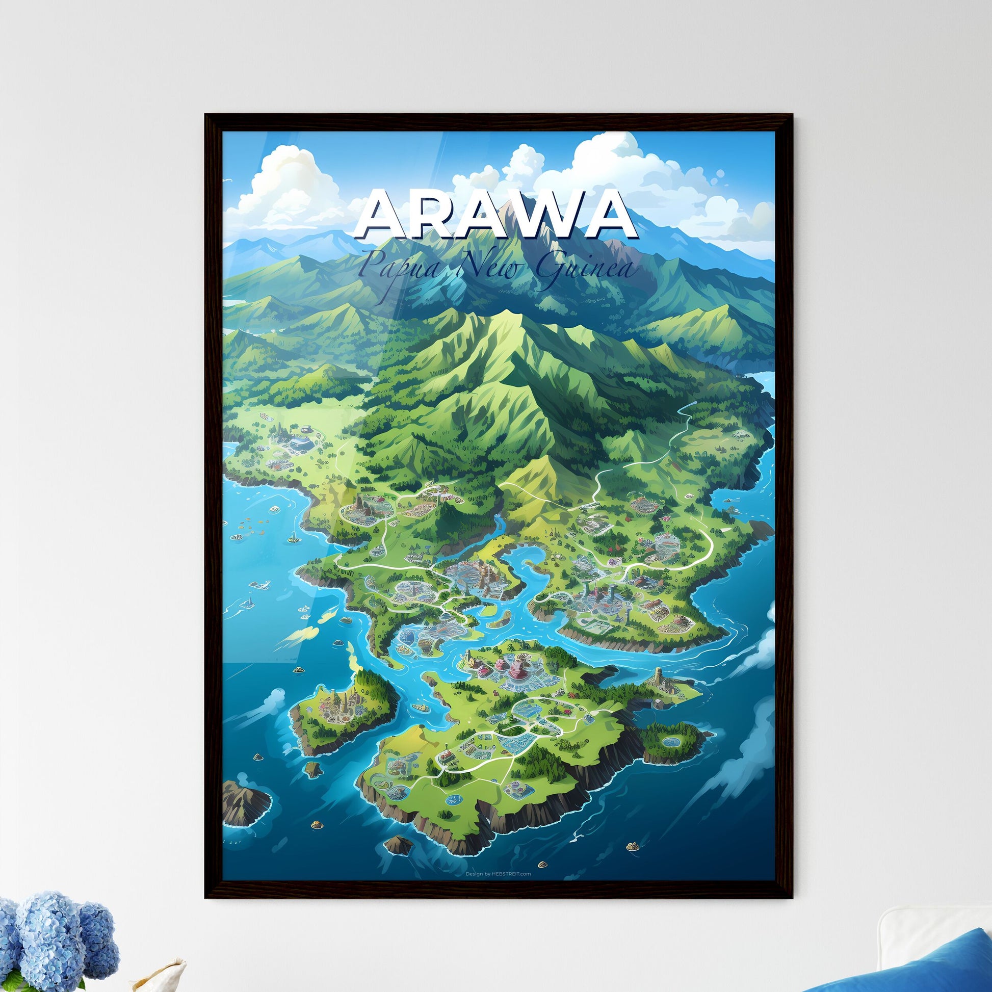 Vibrant Painting of Arawa Papua New Guinea Skyline with Mountains and Blue Sky Default Title