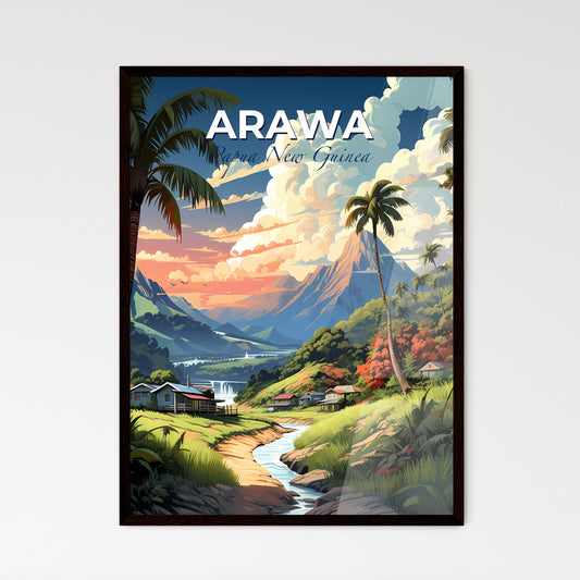 Panoramic Picture Depicting the Artistic Landscape of Arawa, Papua New Guinea, Featuring a River, Dwellings, and Mountains Default Title