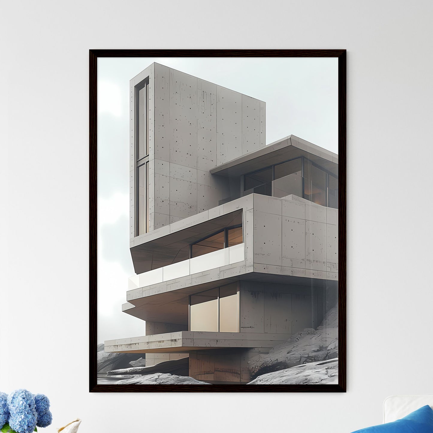 Minimalist Building Art - Vibrant Painting on a Scenic Hilltop Framed Art