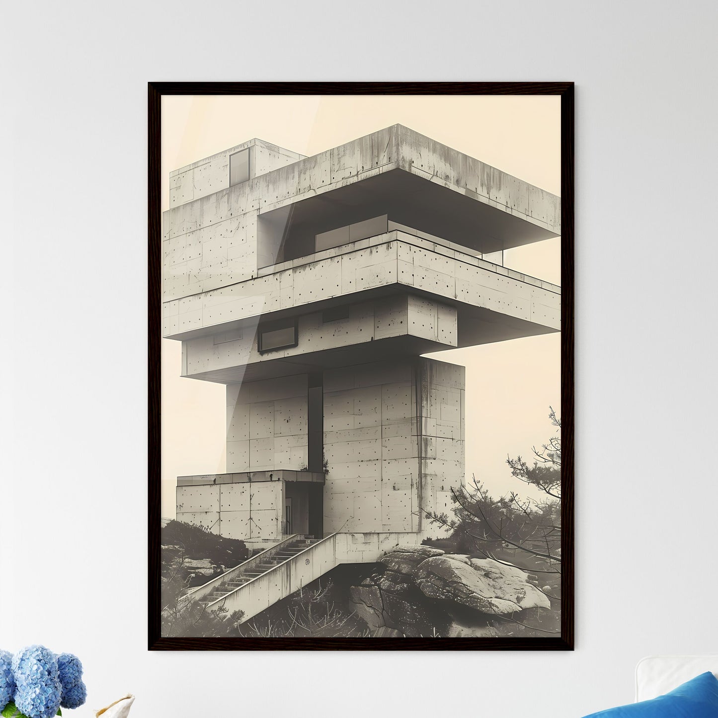 Abstract minimalist building art painting poster design with geometric shapes and vibrant colors, featuring a staircase and architectural elements Framed Art