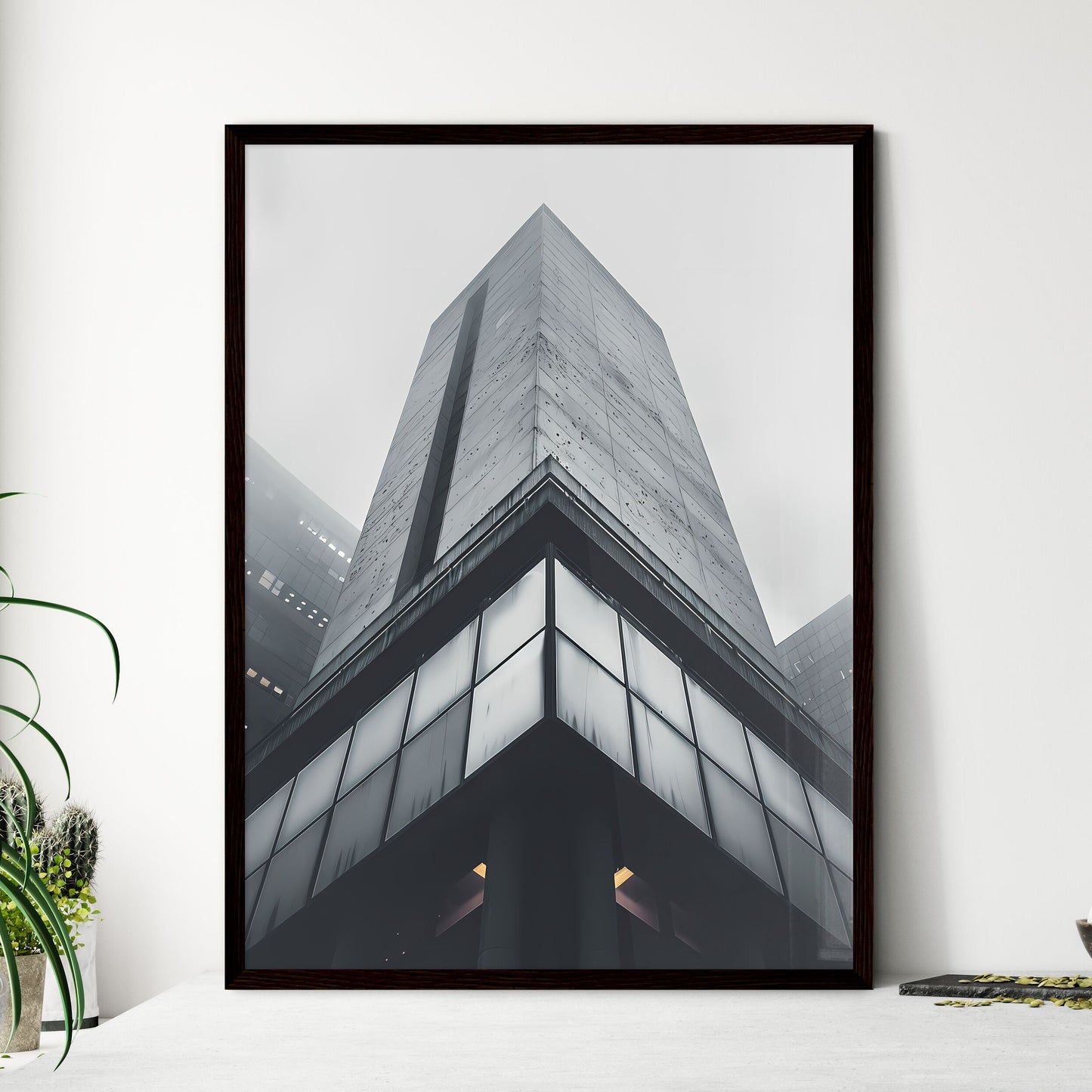 Vibrant minimalist art print featuring a striking urban cityscape from a unique low-angle perspective Framed Art