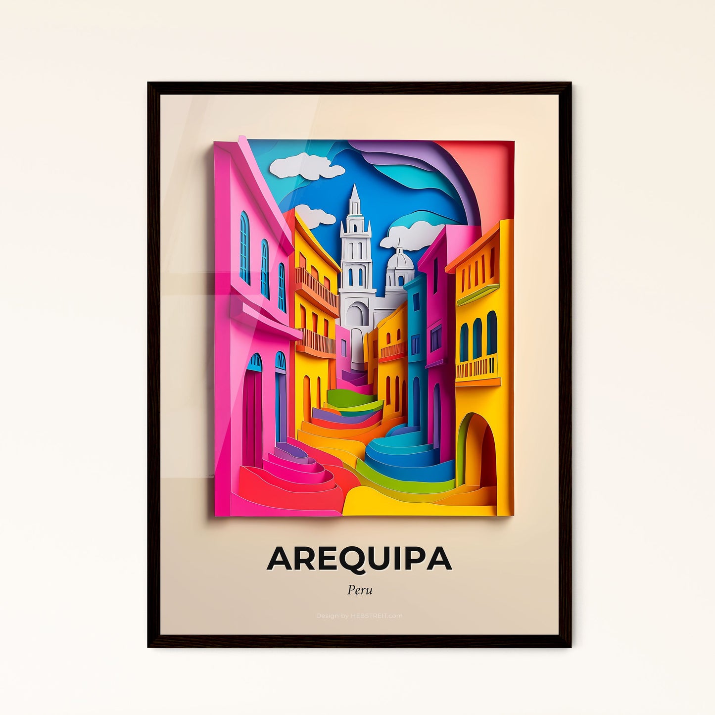 Vivid Arequipa, Peru - a colorful city street with a clock tower in the background