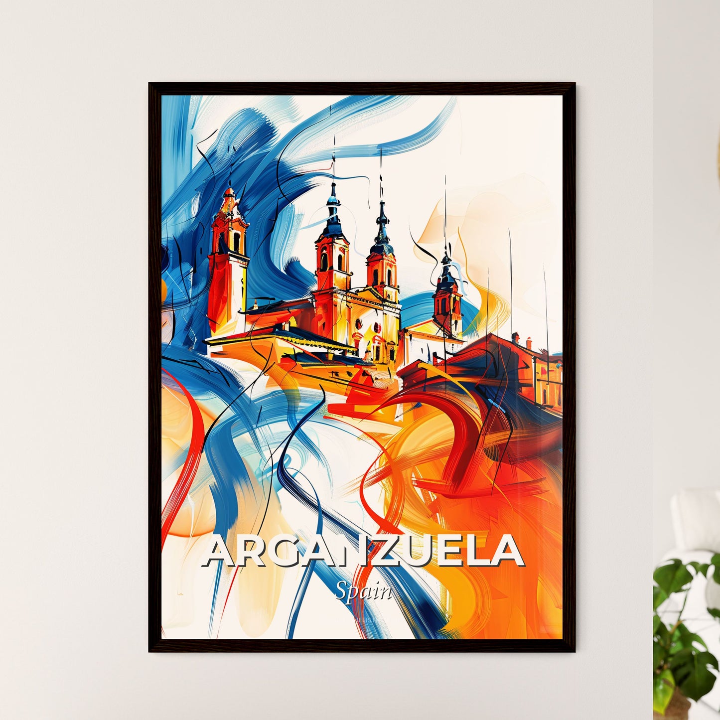 Vibrant Arganzuela, Spain - A Painting Of A Building With Towers And Blue And Orange Colors