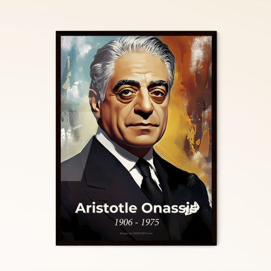 Portrait of Aristotle Onassis, 1906 - 1975. Impressionistic painting of a man in a suit.