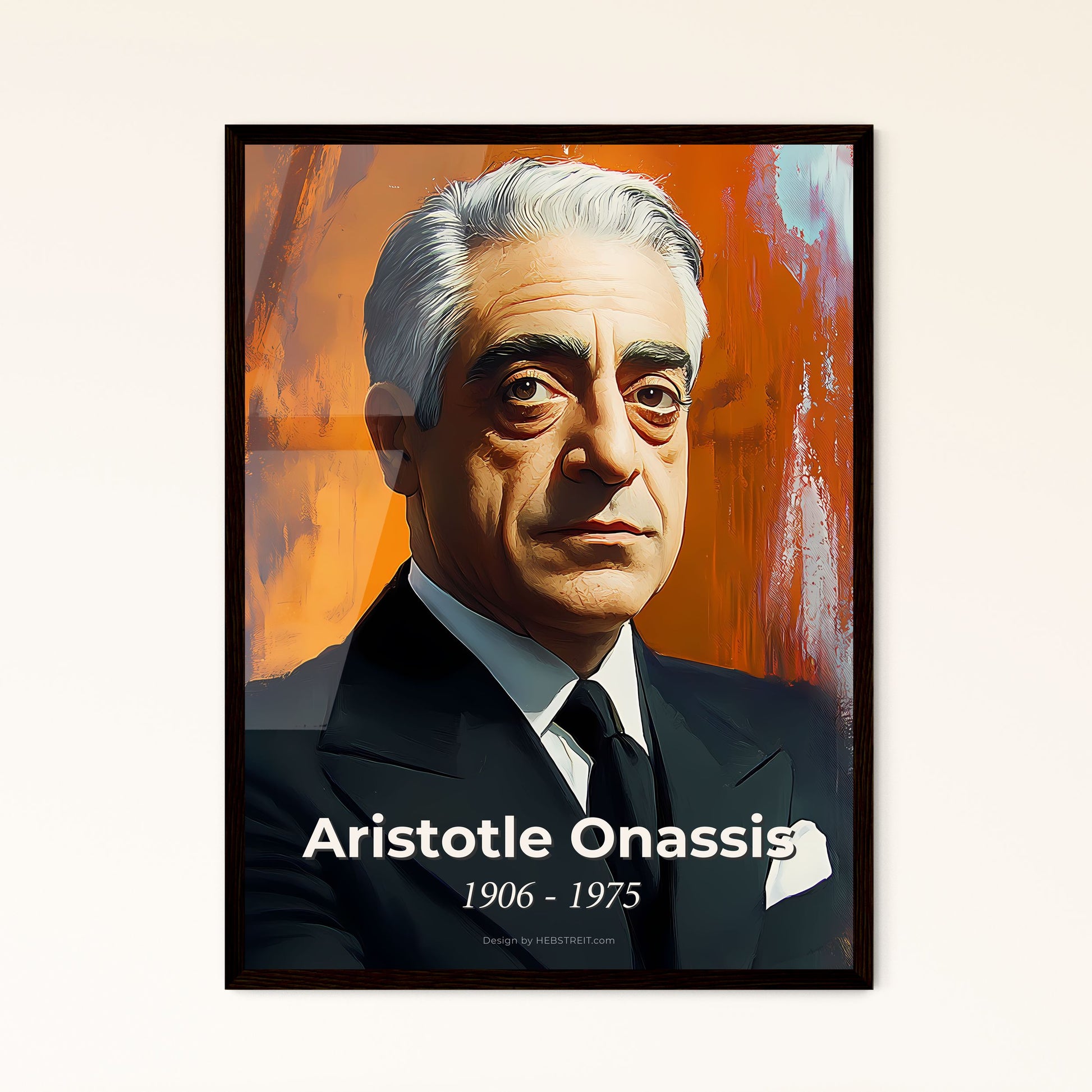 Portrait of Aristotle Onassis, 1906 - 1975. Impressionistic painting of a man in a suit and tie.