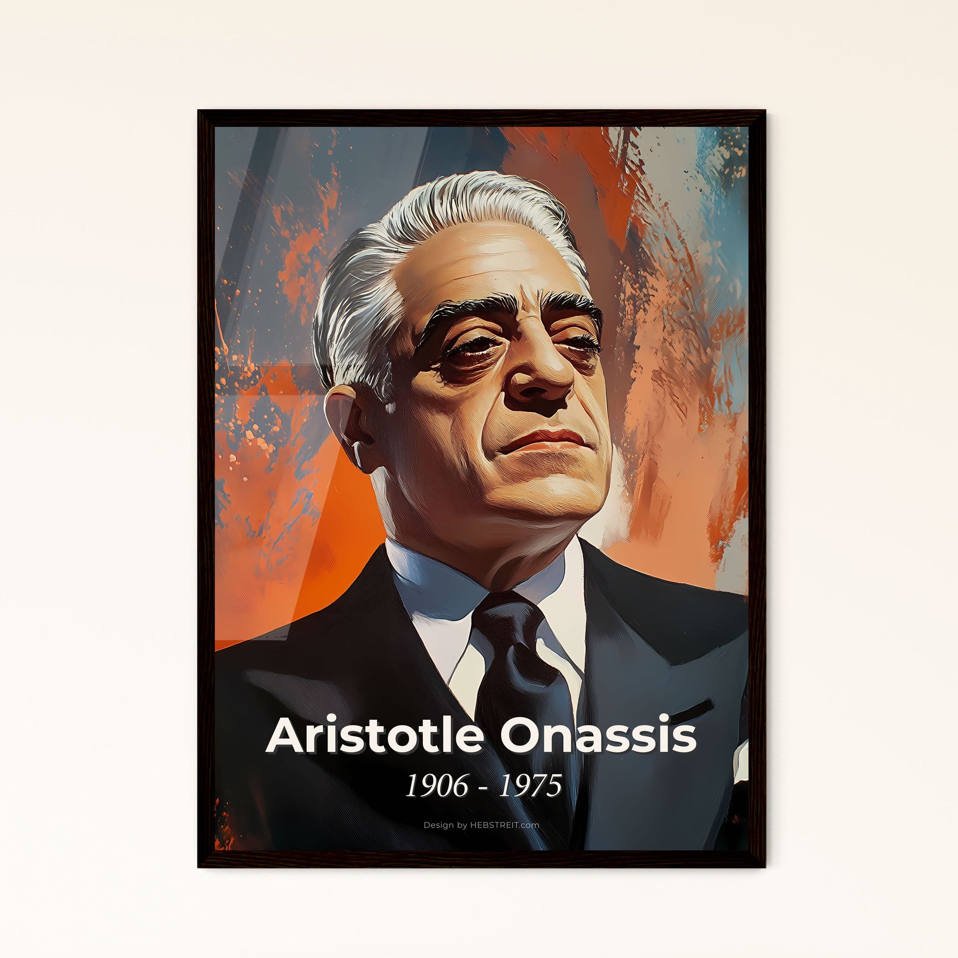 Portrait of Aristotle Onassis, 1906 - 1975. Impressionistic painting of a man in a suit and tie.