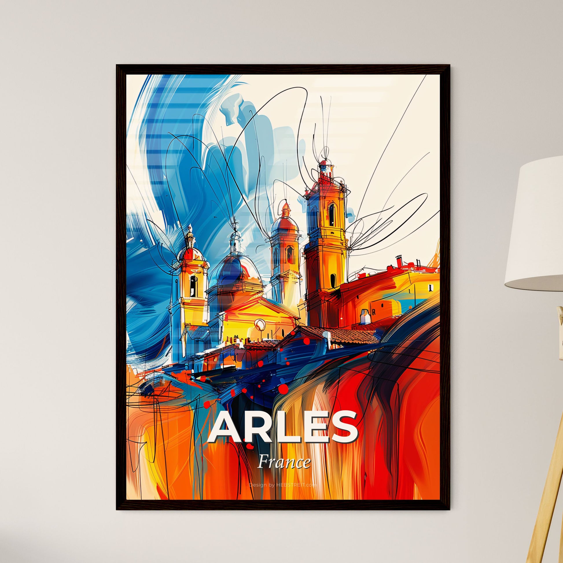 Vibrant Arles, France - A Painting Of A Building With Towers And A Blue And Orange Sky