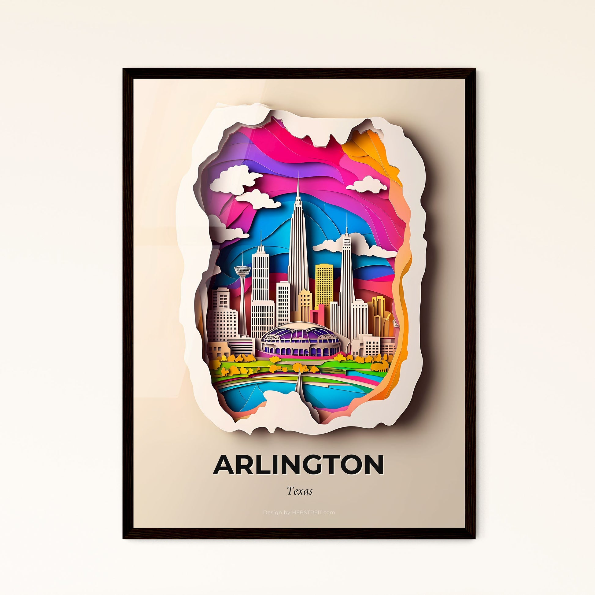 Vivid Arlington, Texas - a paper cut of a city with a rainbow sky