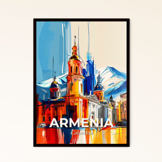 Vibrant Armenia, Colombia - A Painting Of A Building With A Steeple And Mountains In The Background