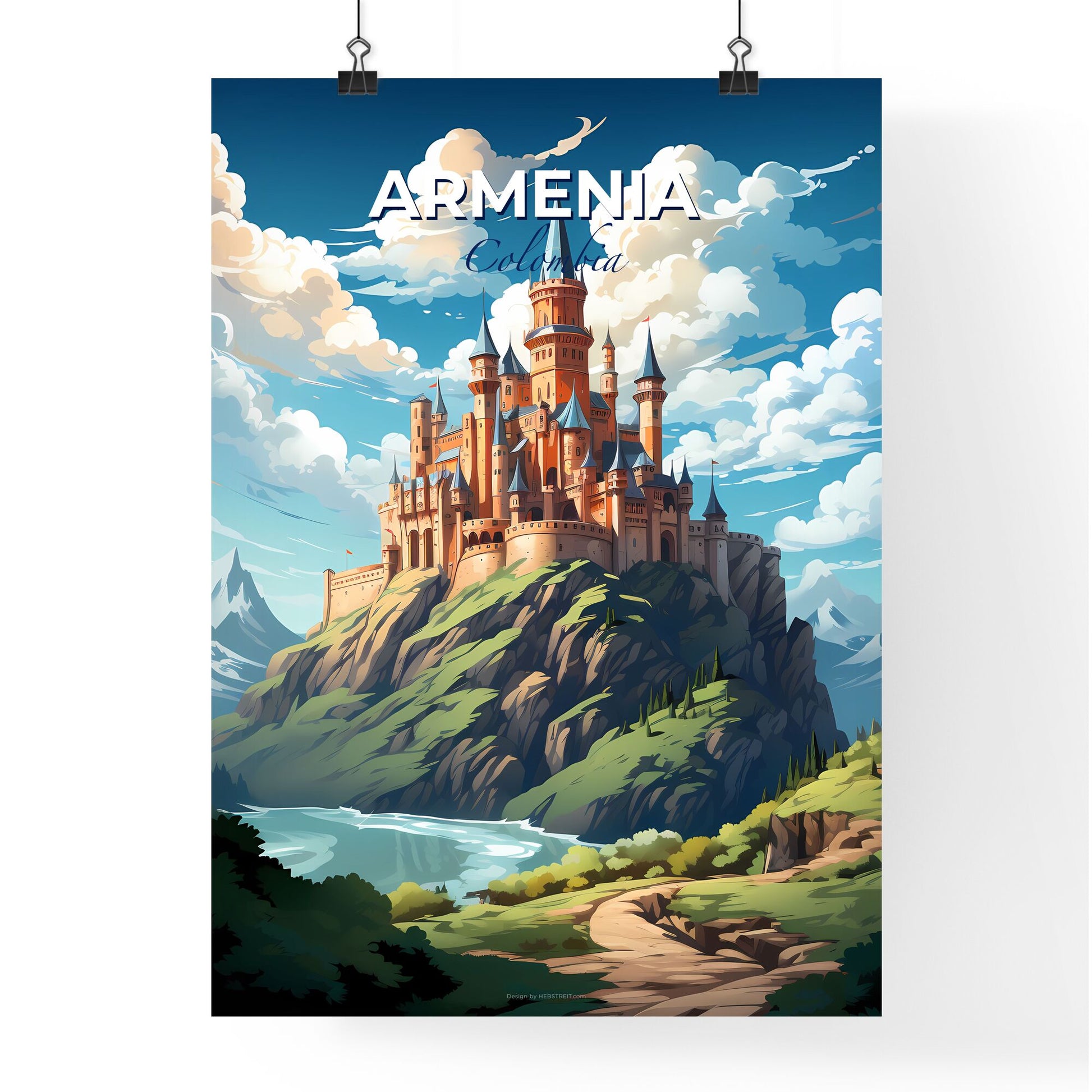 Vibrant Armenia Colombia Skyline Painting of a Castle on a Mountain With Art Focus Default Title